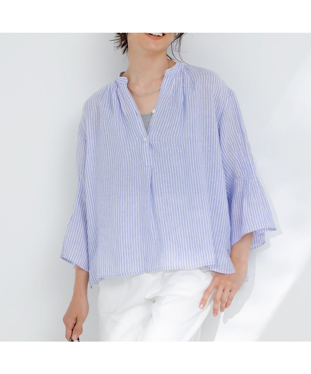 【23区/NIJYUSANKU】の【洗える】LIBECO タックスリーブ シャツ インテリア・キッズ・メンズ・レディースファッション・服の通販 founy(ファニー) 　ファッション　Fashion　レディースファッション　Fashion for Women　トップス・カットソー　Cut & Sew Tops　シャツ・ブラウス・オフィスカジュアル　Elegant Blouses & Button-Ups　春　Spring　洗える　Machine Washable　クロップド　Cropped, Short Length　ストライプ　Stripe, Striped Pattern　スリーブ　Sleeve, Long Sleeve / Short Sleeve　バランス　Balance, Style Balance　ベーシック　Basic, Essential　無地　Plain, Solid Color　ラベンダー　Lavender　リネン　Linen, Linen Fabric　S/S・春夏　SS, Spring/Summer, Warm Season　夏　Summer　2025年　2025　2025春夏・S/S　Spring/Summer 2025 SS25　ラベンダーストライプ|ID: prp329100004473705 ipo3291000000032758040