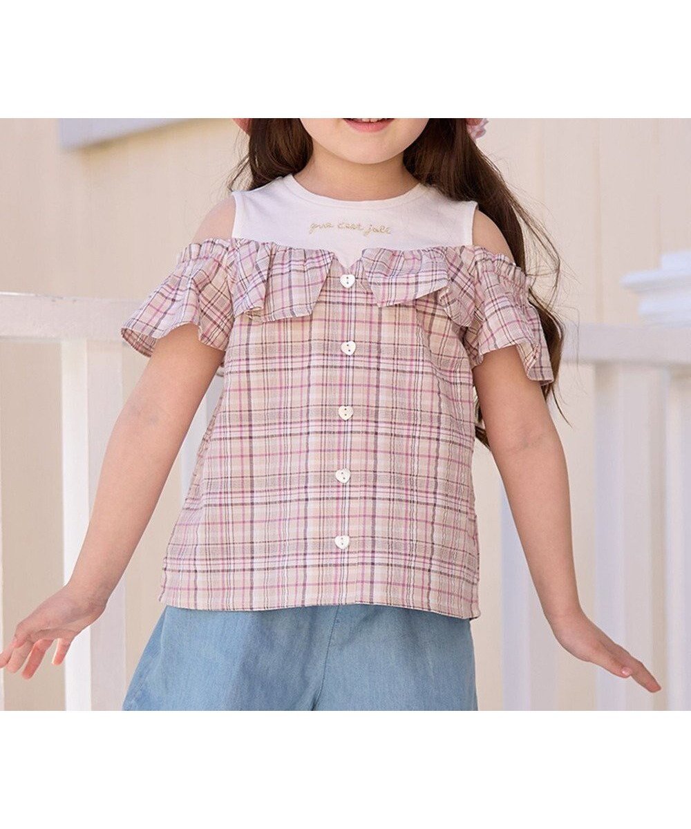 【エニィ/ANY / KIDS】のオフショルダー フリル ブラウス インテリア・キッズ・メンズ・レディースファッション・服の通販 founy(ファニー) 　ファッション　Fashion　キッズファッション　Fashion for Kids　トップス・カットソー　Cut & Sew Tops　春　Spring　ショート　Short, Short Length　セットアップ　Set-Up, Coordinated Outfit　フリル　Frill, Ruffle　ポケット　Pocket, Pocket Detail　ラベンダー　Lavender　S/S・春夏　SS, Spring/Summer, Warm Season　おすすめ　Recommended / Our Picks　夏　Summer　ブラウン系チェック|ID: prp329100004475259 ipo3291000000034594896