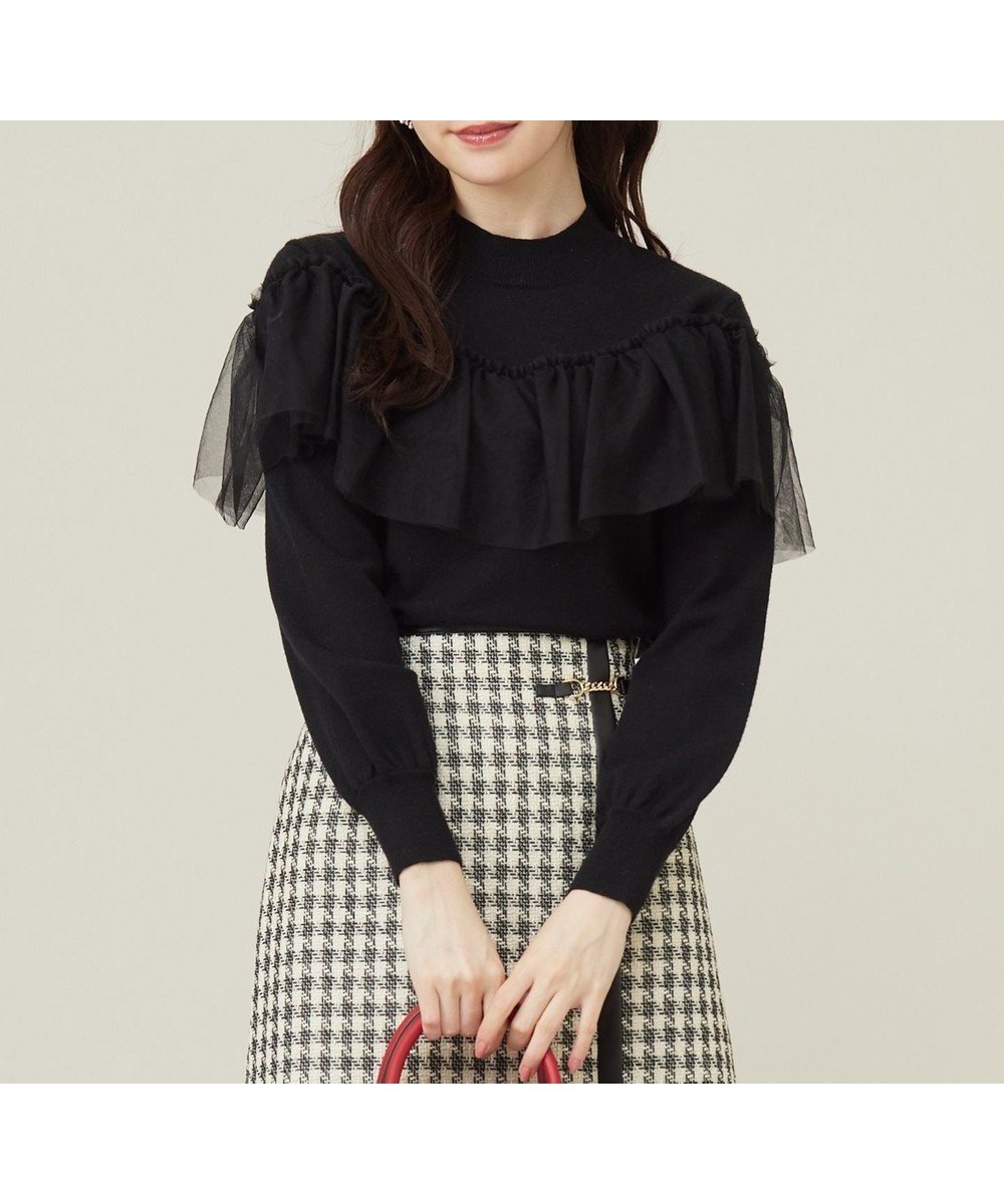 【エニィ スィス/any SiS】の【洗える】フリルチュールコンビ ニット インテリア・キッズ・メンズ・レディースファッション・服の通販 founy(ファニー) 　ファッション　Fashion　レディースファッション　Fashion for Women　トップス・カットソー　Cut & Sew Tops　ニット　Knit Tops & Sweaters　おすすめ　Recommended / Our Picks　ストレッチ　Stretch, Stretchy Fabric　セーター　Sweater, Knitwear　チュール　Tulip, Tulip Motif　トレンド　Trend, Trending Now　ドッキング　Docking, Mixed Material　フェミニン　Feminine, Girly　洗える　Machine Washable　A/W・秋冬　Autumn/Winter　ブラック|ID: prp329100004478048 ipo3291000000033491689
