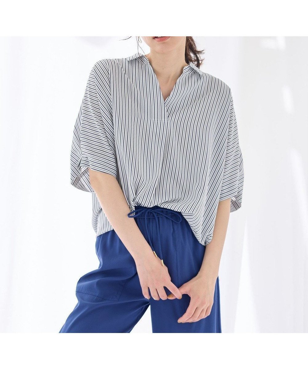 【エニー/ANY】の【新色追加】スキッパーネック袖タックブラウス インテリア・キッズ・メンズ・レディースファッション・服の通販 founy(ファニー) 　ファッション　Fashion　レディースファッション　Fashion for Women　トップス・カットソー　Cut & Sew Tops　シャツ・ブラウス・オフィスカジュアル　Elegant Blouses & Button-Ups　スキッパー　Skipper, Open Collar　ストライプ　Stripe, Striped Pattern　デニム　Denim, Jeans Material　フェミニン　Feminine, Girly　夏　Summer　春　Spring　S/S・春夏　SS, Spring/Summer, Warm Season　無地　Plain, Solid Color　[WEB限定]ネイビーストライプ|ID: prp329100004480714 ipo3291000000033566438