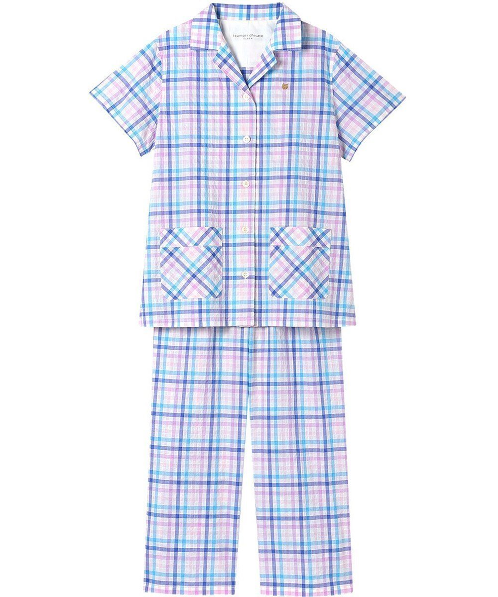 【ツモリチサト スリープ/tsumori chisato SLEEP】のツモリチサト パジャマ 4分袖 9分丈 綿混(本体) ローン素材 レディース UDT155 /ワコール インテリア・キッズ・メンズ・レディースファッション・服の通販 founy(ファニー) 　ファッション　Fashion　レディースファッション　WOMEN　トップス・カットソー　Tops/Tshirt　チェック　Check　ネコ　Cat　パジャマ　Pajamas　ボトム　Bottom　ワンポイント　One Point　サックス|ID: prp329100004481445 ipo3291000000031833408