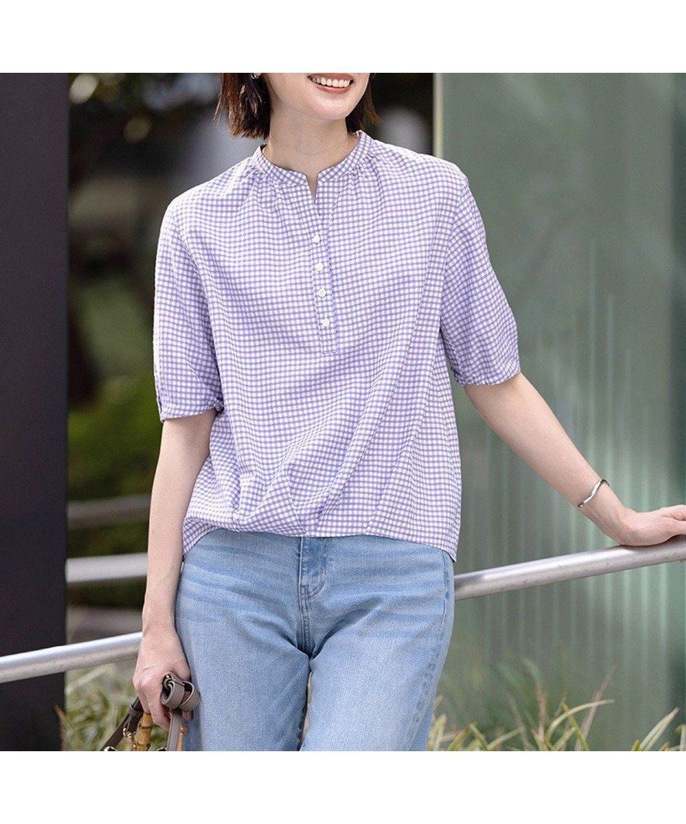 【ジェイ プレス/J.PRESS】の【洗える】アセVisギンガム バンドカラー ブラウス 人気、トレンドファッション・服の通販 founy(ファニー) 　ファッション　Fashion　レディースファッション　Fashion for Women　トップス・カットソー　Cut & Sew Tops　シャツ・ブラウス・オフィスカジュアル　Elegant Blouses & Button-Ups　春　Spring　洗える　Machine Washable　ギンガム　Gingham, Gingham Fabric　チェック　Check, Plaid, Tartan　フォルム　Silhouette, Form　リラックス　Relax, Relaxed Fit　S/S・春夏　SS, Spring/Summer, Warm Season　夏　Summer　エレガント 上品　Elegant　 other-1|ID: prp329100004483606 ipo3291000000033277887