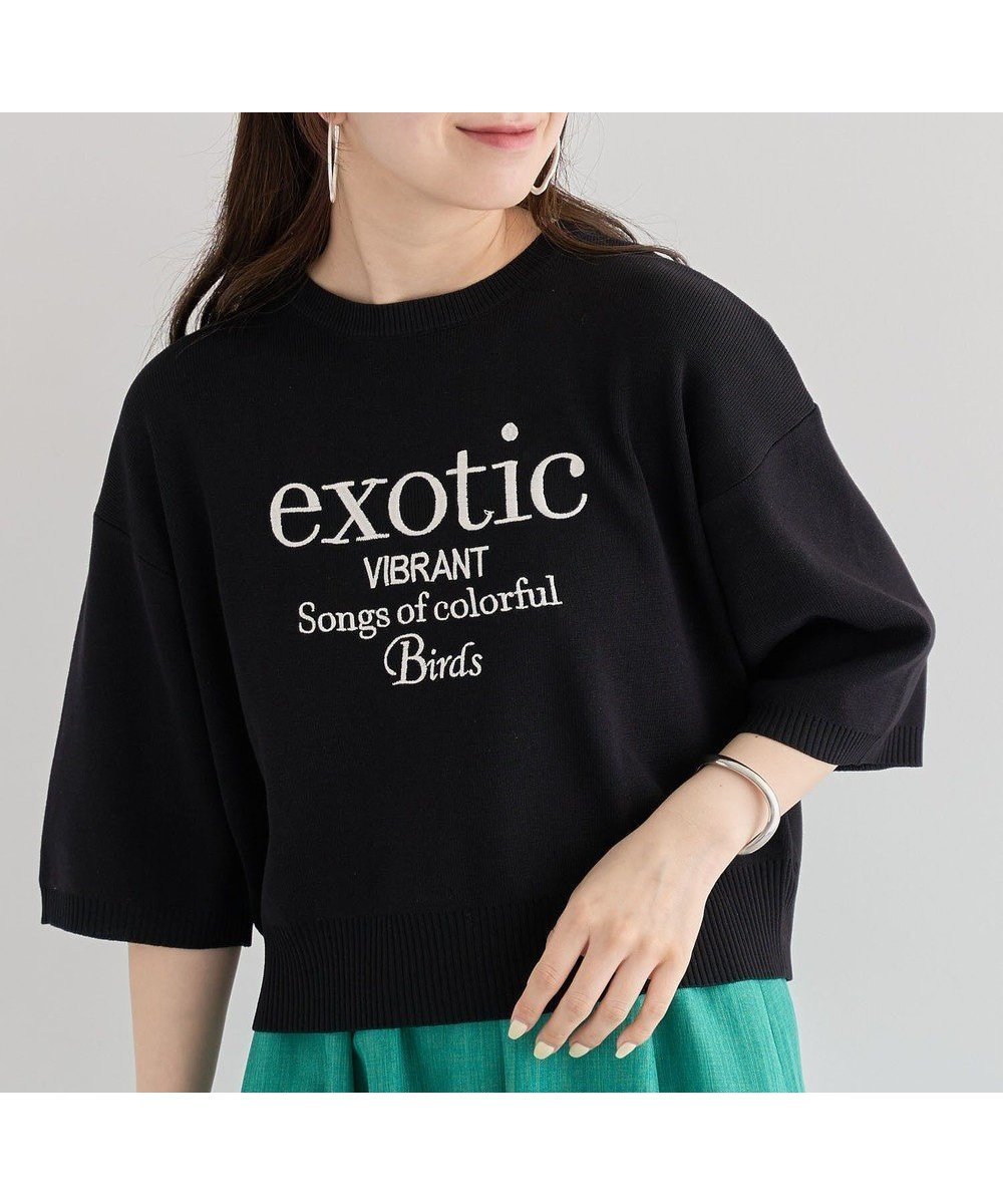 【グリーンパークス/Green Parks】の・ELENCARE DUE ロゴ刺繍6分袖ニット インテリア・キッズ・メンズ・レディースファッション・服の通販 founy(ファニー) 　ファッション　Fashion　レディースファッション　Fashion for Women　トップス・カットソー　Cut & Sew Tops　ニット　Knit Tops & Sweaters　おすすめ　Recommended / Our Picks　クロップド　Cropped, Short Length　セーター　Sweater, Knitwear　フロント　Front, Front Design　ポケット　Pocket, Pocket Detail　ワイド　Wide, Wide Fit　夏　Summer　春　Spring　S/S・春夏　SS, Spring/Summer, Warm Season　Black|ID: prp329100004483645 ipo3291000000032749256