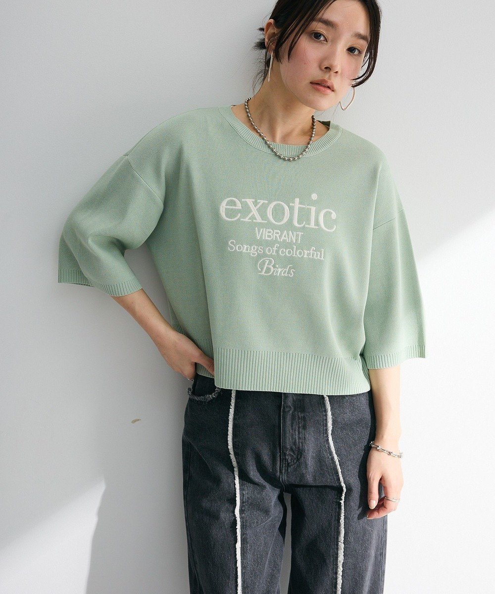 【グリーンパークス/Green Parks】の・ELENCARE DUE ロゴ刺繍6分袖ニット インテリア・キッズ・メンズ・レディースファッション・服の通販 founy(ファニー) 　ファッション　Fashion　レディースファッション　Fashion for Women　トップス・カットソー　Cut & Sew Tops　ニット　Knit Tops & Sweaters　おすすめ　Recommended / Our Picks　クロップド　Cropped, Short Length　セーター　Sweater, Knitwear　フロント　Front, Front Design　ポケット　Pocket, Pocket Detail　ワイド　Wide, Wide Fit　夏　Summer　春　Spring　S/S・春夏　SS, Spring/Summer, Warm Season　Green|ID: prp329100004483645 ipo3291000000032749257