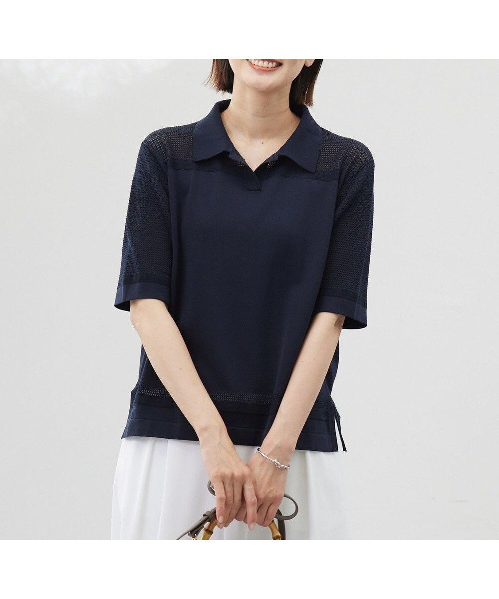 【ジェイ プレス/J.PRESS】の【洗える】COTTON POLYESTER ニットポロ インテリア・キッズ・メンズ・レディースファッション・服の通販 founy(ファニー) 　ファッション　Fashion　レディースファッション　Fashion for Women　トップス・カットソー　Cut & Sew Tops　ニット　Knit Tops & Sweaters　インド　Indian Textile　シンプル　Simple, Minimal　ストレッチ　Stretch, Stretchy Fabric　セーター　Sweater, Knitwear　エレガント 上品　Elegant　夏　Summer　春　Spring　S/S・春夏　SS, Spring/Summer, Warm Season　洗える　Machine Washable　透かし　Cut-Out, Lacework　ネイビー系|ID: prp329100004484123 ipo3291000000032651309