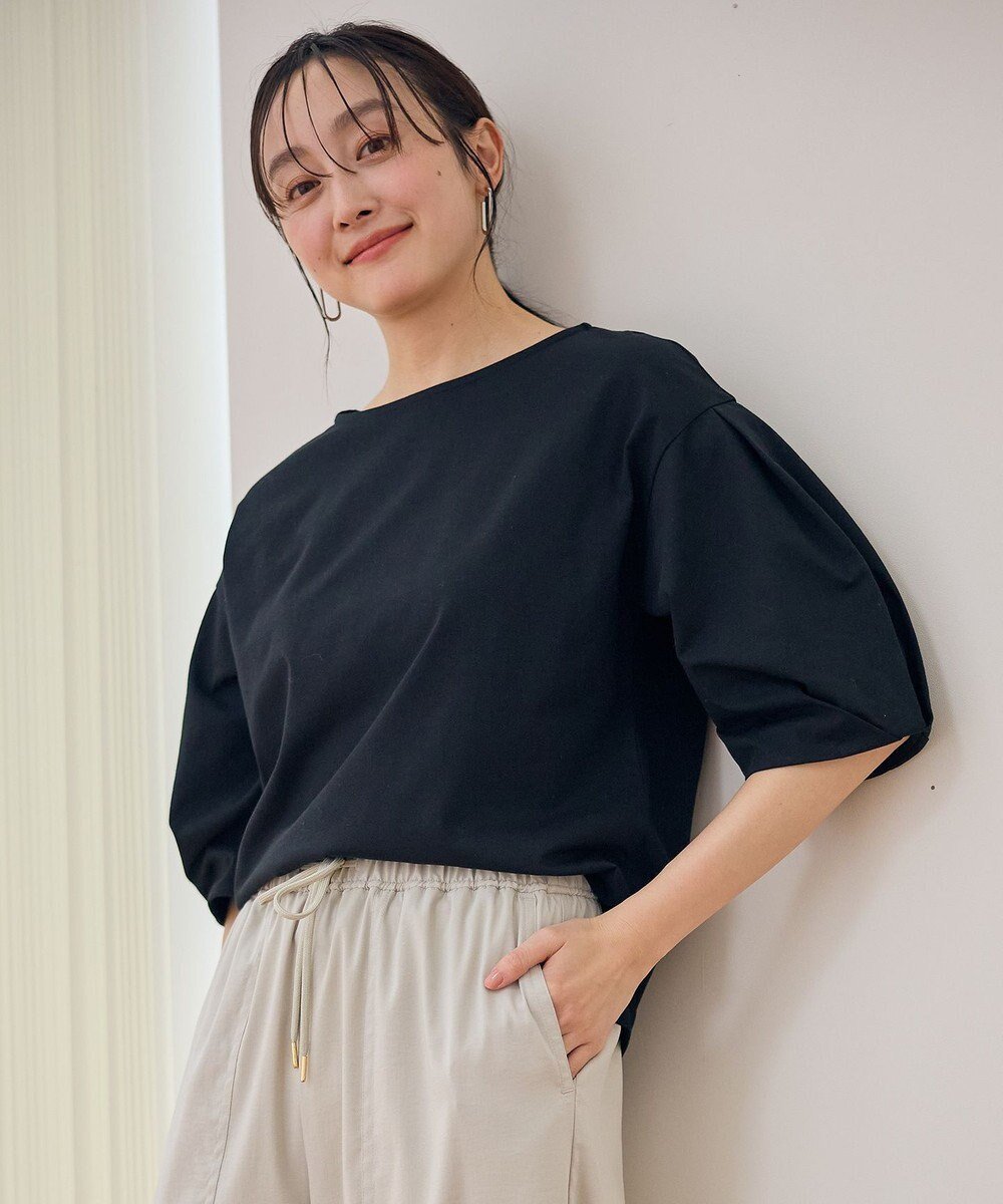 【エニィファム/any FAM】の【洗濯機可/接触冷感/UVケア】タックスリーブカットソー インテリア・キッズ・メンズ・レディースファッション・服の通販 founy(ファニー) 　ファッション　Fashion　レディースファッション　Fashion for Women　トップス・カットソー　Cut & Sew Tops　シャツ・ブラウス・オフィスカジュアル　Elegant Blouses & Button-Ups　ロングTシャツ・Tシャツ　Longline T-Shirts & Tees　カットソー・ベーシックTシャツ　Cut-and-Sewn Tops / Stretch Tees & Basics　おすすめ　Recommended / Our Picks　インナー　Innerwear　カットソー　Cut and Sewn Top　サロペット　Overalls, Salopette　ストレッチ　Stretch, Stretchy Fabric　デニム　Denim, Jeans Material　フェミニン　Feminine, Girly　フォルム　Silhouette, Form　夏　Summer　春　Spring　S/S・春夏　SS, Spring/Summer, Warm Season　ブラック|ID: prp329100004484289 ipo3291000000032645992