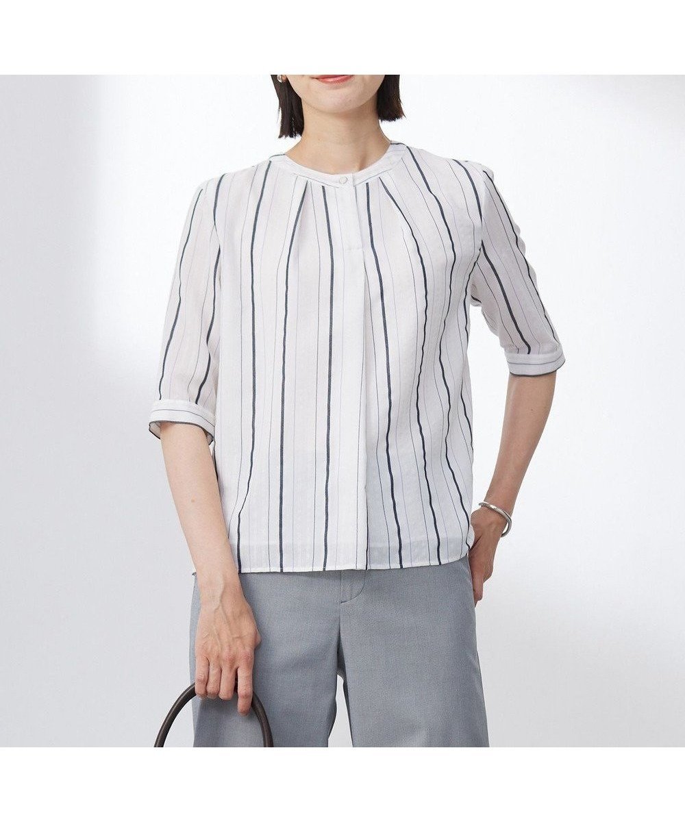 【ジェイ プレス/J.PRESS】の【洗える】SHEERストライプ クルーネック ブラウス インテリア・キッズ・メンズ・レディースファッション・服の通販 founy(ファニー) 　ファッション　Fashion　レディースファッション　Fashion for Women　トップス・カットソー　Cut & Sew Tops　シャツ・ブラウス・オフィスカジュアル　Elegant Blouses & Button-Ups　シンプル　Simple, Minimal　ストライプ　Stripe, Striped Pattern　バランス　Balance, Style Balance　エレガント 上品　Elegant　夏　Summer　春　Spring　S/S・春夏　SS, Spring/Summer, Warm Season　洗える　Machine Washable　ホワイトストライプ系|ID: prp329100004484367 ipo3291000000033403782