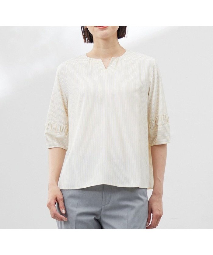 【ジェイ プレス/J.PRESS】の【WEB限定・洗える】ストライプ キーネック ブラウス インテリア・キッズ・メンズ・レディースファッション・服の通販 founy(ファニー) https://founy.com/ ファッション Fashion レディースファッション Fashion for Women トップス・カットソー Cut & Sew Tops シャツ・ブラウス・オフィスカジュアル Elegant Blouses & Button-Ups イエロー Yellow 春 Spring 洗える Machine Washable ギャザー Gathered, Ruffled ストライプ Stripe, Striped Pattern ストレッチ Stretch, Stretchy Fabric トレンド Trend, Trending Now なめらか Smooth, Silky Texture S/S・春夏 SS, Spring/Summer, Warm Season 夏 Summer エレガント 上品 Elegant |ID: prp329100004484379 ipo3291000000032651293