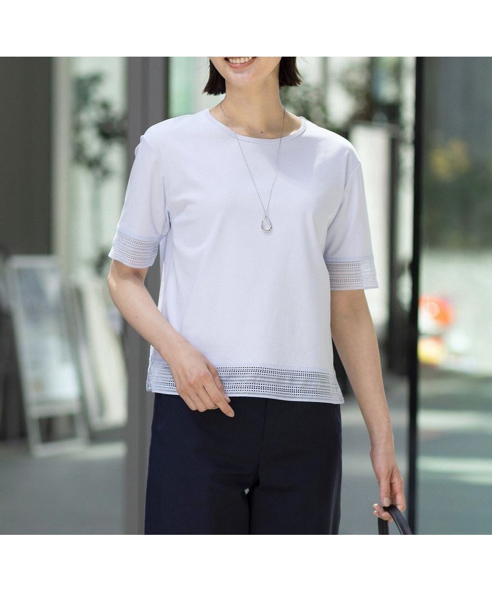 【ジェイ プレス/J.PRESS】の【洗える】スムースジャージー レース カットソー インテリア・キッズ・メンズ・レディースファッション・服の通販 founy(ファニー) 　ファッション　Fashion　レディースファッション　Fashion for Women　トップス・カットソー　Cut & Sew Tops　シャツ・ブラウス・オフィスカジュアル　Elegant Blouses & Button-Ups　ロングTシャツ・Tシャツ　Longline T-Shirts & Tees　カットソー・ベーシックTシャツ　Cut-and-Sewn Tops / Stretch Tees & Basics　インナー　Innerwear　カットソー　Cut and Sewn Top　シルケット　Silket, Silky Cotton　シンプル　Simple, Minimal　トレンド　Trend, Trending Now　レース　Lace, Lace Fabric　エレガント 上品　Elegant　夏　Summer　春　Spring　S/S・春夏　SS, Spring/Summer, Warm Season　洗える　Machine Washable　羽織　Haori, Light Jacket　ライトサックス系|ID: prp329100004484406 ipo3291000000033604879