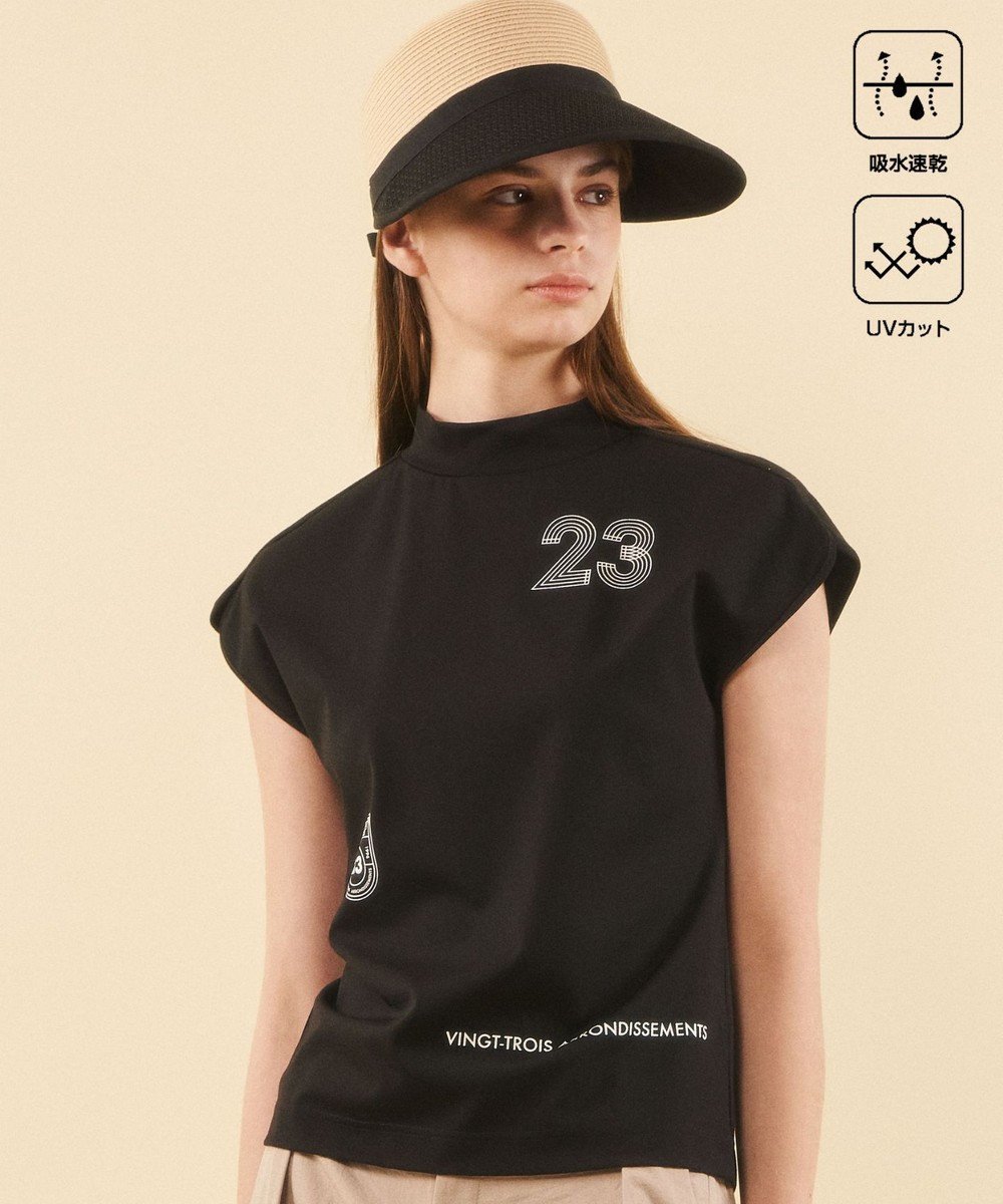 【23区 ゴルフ/NIJYUSANKU GOLF】の【WOMEN】新色追加!【吸水速乾/UVカット】フレンチスリーブロゴモックネック インテリア・キッズ・メンズ・レディースファッション・服の通販 founy(ファニー) 　ファッション　Fashion　レディースファッション　WOMEN　トップス・カットソー　Tops/Tshirt　パーカ　Sweats　スウェット　Sweat　なめらか　Smooth　スウェット　Sweat　スリット　Slit　プリント　Print　人気　Popularity　吸水　Water Absorption　夏　Summer　春　Spring　S/S・春夏　Ss・Spring/Summer　ブラック系|ID: prp329100004488966 ipo3291000000031963175