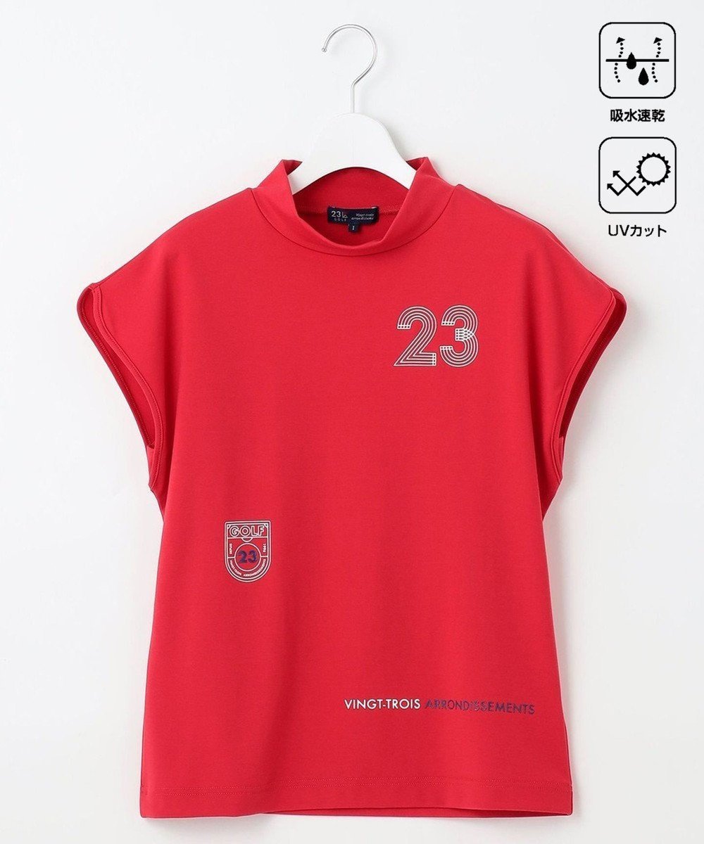 【23区 ゴルフ/NIJYUSANKU GOLF】の【WOMEN】新色追加!【吸水速乾/UVカット】フレンチスリーブロゴモックネック インテリア・キッズ・メンズ・レディースファッション・服の通販 founy(ファニー) 　ファッション　Fashion　レディースファッション　Fashion for Women　トップス・カットソー　Cut & Sew Tops　レディースパーカー・カジュアルフーディー　Casual Hoodies & Sweatshirts　スウェット・クルーネックトップス　Sweatshirts & Crewnecks / Relaxed Fit Sweat Tops　なめらか　Smooth, Silky Texture　スウェット / スエット　Sweatshirt, Sweatwear　スリット　Slit, Slit Detail　プリント　Print, Printed Pattern　人気　Popular, Best Seller　吸水　Absorbent, Quick-Dry　夏　Summer　春　Spring　S/S・春夏　SS, Spring/Summer, Warm Season　レッド系|ID: prp329100004488966 ipo3291000000033577963