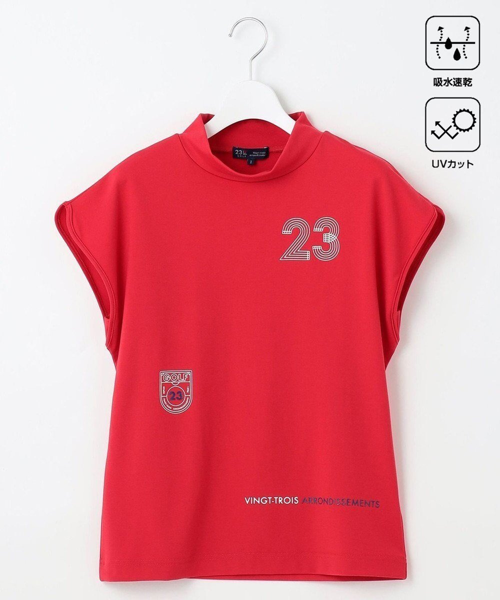 【23区 ゴルフ/NIJYUSANKU GOLF】の【WOMEN】新色追加!【吸水速乾/UVカット】フレンチスリーブロゴモックネック インテリア・キッズ・メンズ・レディースファッション・服の通販 founy(ファニー) 　ファッション　Fashion　レディースファッション　Fashion for Women　トップス・カットソー　Cut & Sew Tops　レディースパーカー・カジュアルフーディー　Casual Hoodies & Sweatshirts　スウェット・クルーネックトップス　Sweatshirts & Crewnecks / Relaxed Fit Sweat Tops　なめらか　Smooth, Silky Texture　スウェット / スエット　Sweatshirt, Sweatwear　スリット　Slit, Slit Detail　プリント　Print, Printed Pattern　人気　Popular, Best Seller　吸水　Absorbent, Quick-Dry　夏　Summer　春　Spring　S/S・春夏　SS, Spring/Summer, Warm Season　レッド系|ID: prp329100004488966 ipo3291000000034931349