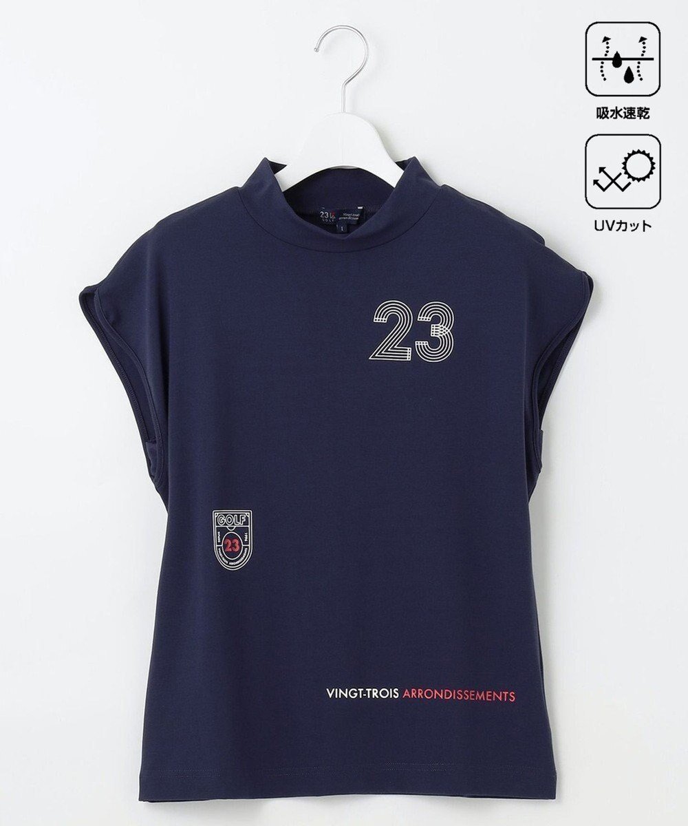 【23区 ゴルフ/NIJYUSANKU GOLF】の【WOMEN】新色追加!【吸水速乾/UVカット】フレンチスリーブロゴモックネック インテリア・キッズ・メンズ・レディースファッション・服の通販 founy(ファニー) 　ファッション　Fashion　レディースファッション　Fashion for Women　トップス・カットソー　Cut & Sew Tops　レディースパーカー・カジュアルフーディー　Casual Hoodies & Sweatshirts　スウェット・クルーネックトップス　Sweatshirts & Crewnecks / Relaxed Fit Sweat Tops　なめらか　Smooth, Silky Texture　スウェット / スエット　Sweatshirt, Sweatwear　スリット　Slit, Slit Detail　プリント　Print, Printed Pattern　人気　Popular, Best Seller　吸水　Absorbent, Quick-Dry　夏　Summer　春　Spring　S/S・春夏　SS, Spring/Summer, Warm Season　ネイビー系1|ID: prp329100004488966 ipo3291000000034931353