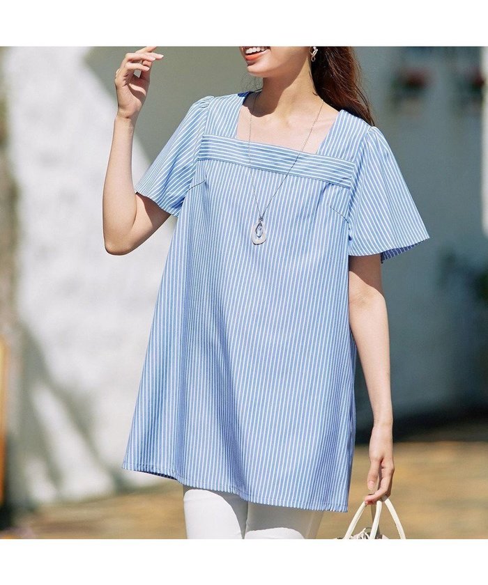 【ティアクラッセ/Tiaclasse】の【洗える】ストライプフレアスリーブチュニックブラウス インテリア・キッズ・メンズ・レディースファッション・服の通販 founy(ファニー) https://founy.com/ ファッション Fashion レディースファッション Fashion for Women トップス・カットソー Cut & Sew Tops シャツ・ブラウス・オフィスカジュアル Elegant Blouses & Button-Ups ウォッシャブル Machine Washable 春 Spring 洗える Machine Washable カーディガン Cardigan, Knitwear 切替 Switching, Contrast Panel スクエア Square, Square Shape ストライプ Stripe, Striped Pattern スリーブ Sleeve, Long Sleeve / Short Sleeve チュニック Tunic, Long Top フェミニン Feminine, Girly フレア Flare, Flared ポケット Pocket, Pocket Detail 半袖 Short Sleeve, Half Sleeve ランダム Random, Irregular ロング Long, Long-Length S/S・春夏 SS, Spring/Summer, Warm Season 再入荷 Restock / Back in Stock 夏 Summer 新作・新入荷 New Arrivals / New In ビジネス 仕事 通勤 Business / Work / Commuting |ID: prp329100004489046 ipo3291000000034696250