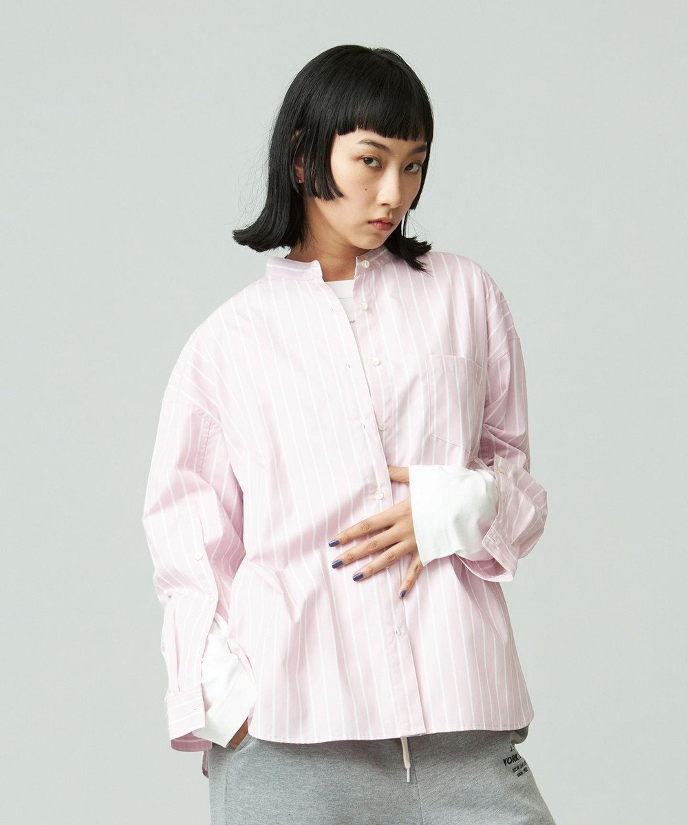 【ジェイプレスヨークストリート/J.PRESS YORK STREET】の【WOMEN】タイプライターストライプ バンドカラーシャツ インテリア・キッズ・メンズ・レディースファッション・服の通販 founy(ファニー) 　ファッション　Fashion　レディースファッション　WOMEN　トップス・カットソー　Tops/Tshirt　シャツ/ブラウス　Shirts/Blouses　インナー　Inner　カシュクール　Cachecoeur　ショート　Short　スウェット　Sweat　ストライプ　Stripe　スリット　Slit　タイプライター　Typewriter　タートル　Turtle　定番　Standard　ベーシック　Basic　A/W・秋冬　Aw・Autumn/Winter・Fw・Fall-Winter　ピンク系1|ID: prp329100004493558 ipo3291000000031916623