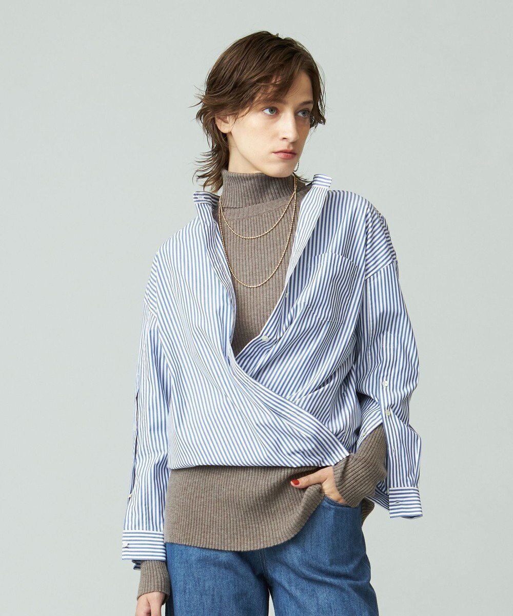 【ジェイプレスヨークストリート/J.PRESS YORK STREET】の【WOMEN】タイプライターストライプ バンドカラーシャツ インテリア・キッズ・メンズ・レディースファッション・服の通販 founy(ファニー) 　ファッション　Fashion　レディースファッション　WOMEN　トップス・カットソー　Tops/Tshirt　シャツ/ブラウス　Shirts/Blouses　インナー　Inner　カシュクール　Cachecoeur　ショート　Short　スウェット　Sweat　ストライプ　Stripe　スリット　Slit　タイプライター　Typewriter　タートル　Turtle　定番　Standard　ベーシック　Basic　A/W・秋冬　Aw・Autumn/Winter・Fw・Fall-Winter　ブルー系1|ID: prp329100004493558 ipo3291000000031916625