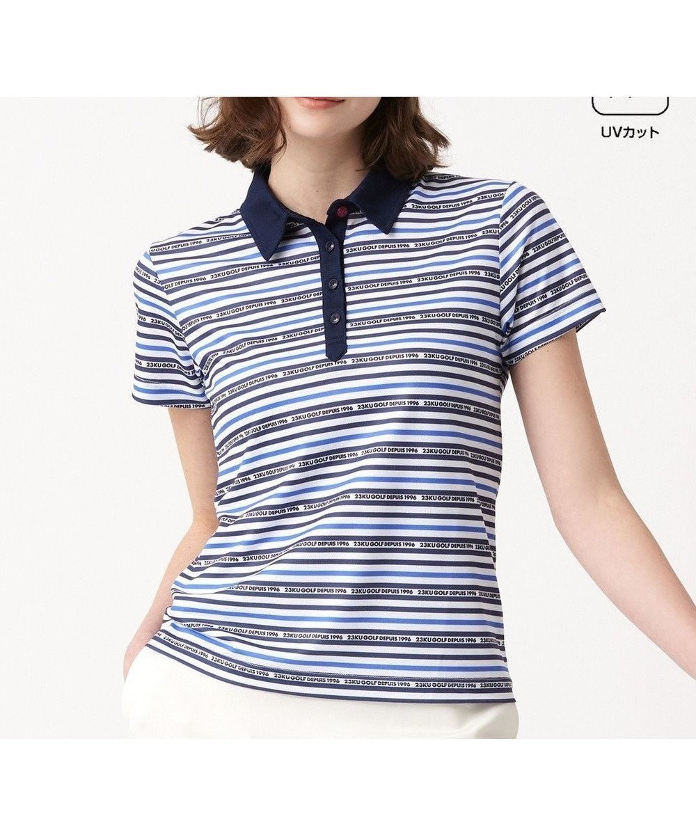 【23区 ゴルフ/NIJYUSANKU GOLF】の【WOMEN】【吸水速乾・UVケア】ボーダーロゴ 半袖シャツ インテリア・キッズ・メンズ・レディースファッション・服の通販 founy(ファニー) 　ファッション　Fashion　レディースファッション　WOMEN　トップス・カットソー　Tops/Tshirt　シャツ/ブラウス　Shirts/Blouses　ポロシャツ　Polo Shirts　コンビ　Combination　ゴルフ　Golf　スウェット　Sweat　スポーティ　Sporty　プリント　Print　ベスト　Vest　ボーダー　Border　ポロシャツ　Polo Shirt　半袖　Short Sleeve　吸水　Water Absorption　夏　Summer　春　Spring　S/S・春夏　Ss・Spring/Summer　ネイビー系1|ID: prp329100004494065 ipo3291000000031941646