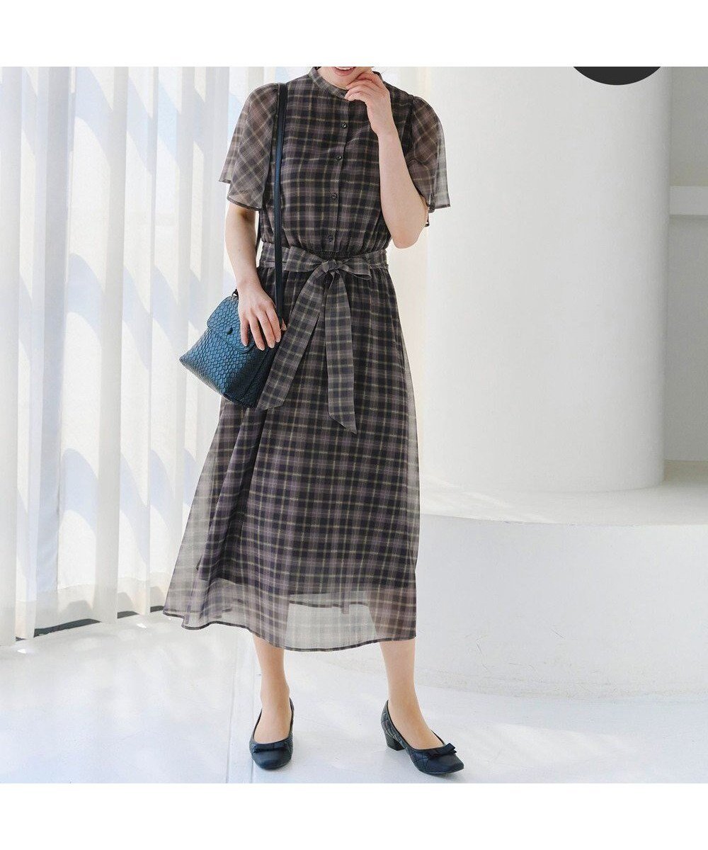 【ティアクラッセ/Tiaclasse】の【新色追加・洗える】チェック柄フレア袖シアーワンピース インテリア・キッズ・メンズ・レディースファッション・服の通販 founy(ファニー) 　ファッション　Fashion　レディースファッション　Fashion for Women　ワンピース　Dresses　ウォッシャブル　Machine Washable　春　Spring　洗える　Machine Washable　シアー　Sheer, See-Through　シフォン　Chiffon, Lightweight Fabric　シューズ　Shoes, Footwear　チェック　Check, Plaid, Tartan　チュニック　Tunic, Long Top　フィット　Fit, Slim Fit　フレア　Flare, Flared　ポケット　Pocket, Pocket Detail　半袖　Short Sleeve, Half Sleeve　リボン　Ribbon, Bow　S/S・春夏　SS, Spring/Summer, Warm Season　再入荷　Restock / Back in Stock　夏　Summer　エレガント 上品　Elegant　新作・新入荷　New Arrivals / New In　チャコールグレー|ID: prp329100004494836 ipo3291000000035213259