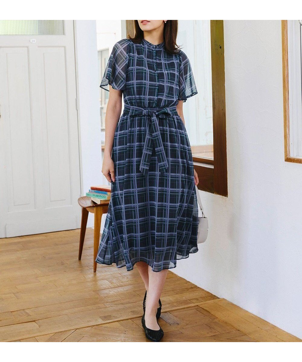 【ティアクラッセ/Tiaclasse】の【新色追加・洗える】チェック柄フレア袖シアーワンピース インテリア・キッズ・メンズ・レディースファッション・服の通販 founy(ファニー) 　ファッション　Fashion　レディースファッション　Fashion for Women　ワンピース　Dresses　ウォッシャブル　Machine Washable　春　Spring　洗える　Machine Washable　シアー　Sheer, See-Through　シフォン　Chiffon, Lightweight Fabric　シューズ　Shoes, Footwear　チェック　Check, Plaid, Tartan　チュニック　Tunic, Long Top　フィット　Fit, Slim Fit　フレア　Flare, Flared　ポケット　Pocket, Pocket Detail　半袖　Short Sleeve, Half Sleeve　リボン　Ribbon, Bow　S/S・春夏　SS, Spring/Summer, Warm Season　再入荷　Restock / Back in Stock　夏　Summer　エレガント 上品　Elegant　新作・新入荷　New Arrivals / New In　ネイビー|ID: prp329100004494836 ipo3291000000035213261