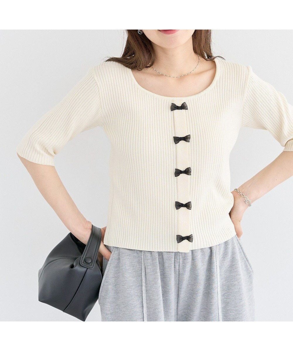 【グリーンパークス/Green Parks】の・swing by フロントリボンリブニット 人気、トレンドファッション・服の通販 founy(ファニー) 　ファッション　Fashion　レディースファッション　Ladies' Fashion Online　トップス・カットソー　Tops/Tshirt　ニット　Knit Tops　おすすめ　Recommend　コンパクト　Compact　セーター　Sweater　デニム　Denim　フィット　Fit　フェミニン　Feminine　フロント　Front　ポケット　Pocket　ラウンド　Round　リブニット　Rib Knit　リボン　Ribbon　夏　Summer　春　Spring　S/S・春夏　Ss・Spring/Summer　 other-1|ID: prp329100004503769 ipo3291000000032594829