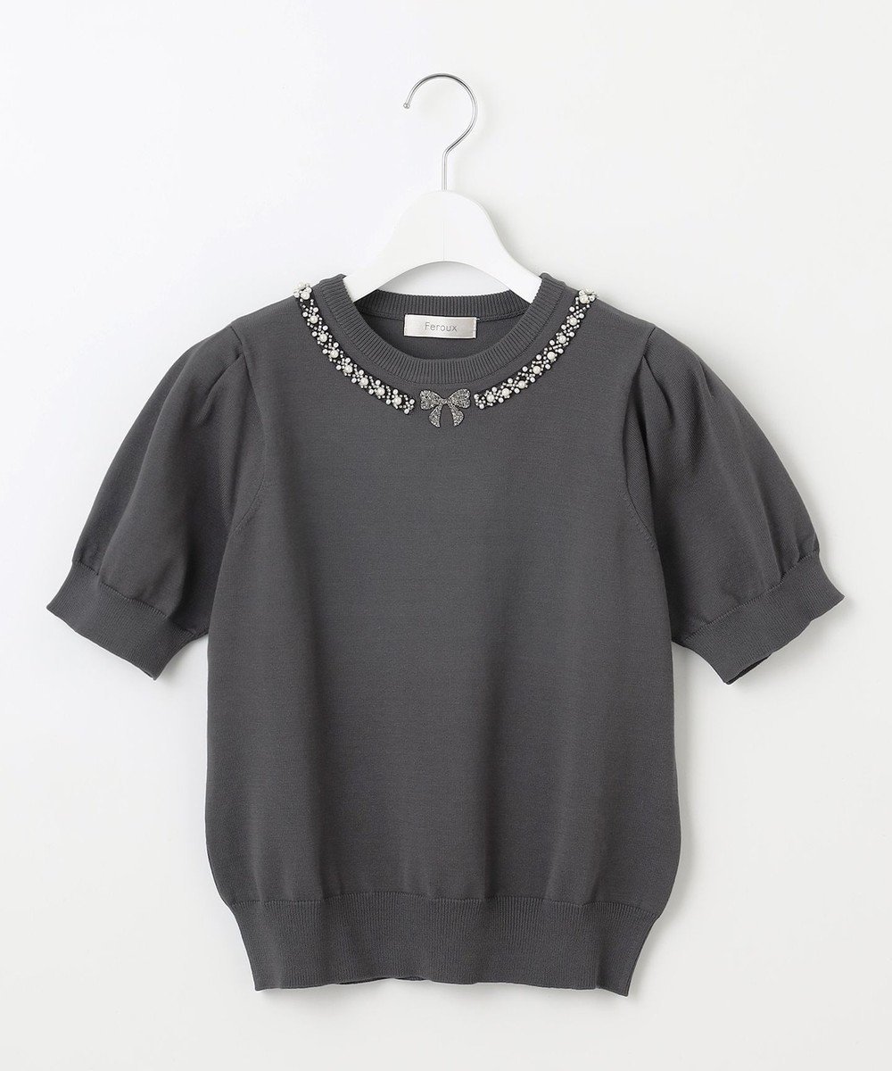【フェルゥ/Feroux】の【洗える】ビジューネックレスニット インテリア・キッズ・メンズ・レディースファッション・服の通販 founy(ファニー) 　ファッション　Fashion　レディースファッション　Fashion for Women　トップス・カットソー　Cut & Sew Tops　ニット　Knit Tops & Sweaters　ジュエリー　Jewelry　ネックレス　Necklaces & Pendants　なめらか　Smooth, Silky Texture　アクセサリー　Fashion Accessories　ギャザー　Gathered, Ruffled　コンパクト　Compact, Small Size　シンプル　Simple, Minimal　セーター　Sweater, Knitwear　トレンド　Trend, Trending Now　ネックレス　Necklace, Pendant Necklace　バランス　Balance, Style Balance　ビジュー　Bijou, Jewel-like Accent　フェミニン　Feminine, Girly　フレア　Flare, Flared　モチーフ　Motif, Design Theme　リボン　Ribbon, Bow　エレガント 上品　Elegant　夏　Summer　春　Spring　S/S・春夏　SS, Spring/Summer, Warm Season　洗える　Machine Washable　ブラック系|ID: prp329100004503778 ipo3291000000033570911