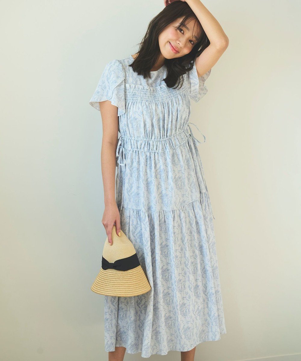 【フェルゥ/Feroux】の【洗える】フラワープリントドロスト ワンピース インテリア・キッズ・メンズ・レディースファッション・服の通販 founy(ファニー) 　ファッション　Fashion　レディースファッション　Fashion for Women　ワンピース　Dresses　シャドー　Shadow, Subtle Pattern　シャーリング　Shirring, Ruched　スリーブ　Sleeve, Long Sleeve / Short Sleeve　フィット　Fit, Slim Fit　フラワー　Flower, Floral　プリント　Print, Printed Pattern　ロング　Long, Long-Length　エレガント 上品　Elegant　夏　Summer　春　Spring　S/S・春夏　SS, Spring/Summer, Warm Season　洗える　Machine Washable　スカイブルー系3|ID: prp329100004504787 ipo3291000000034757556