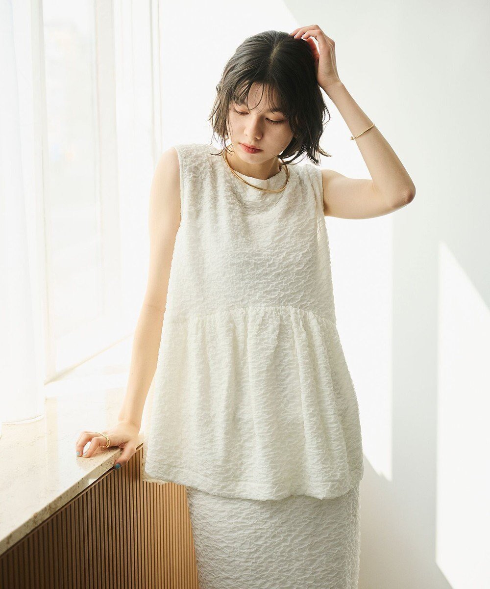 【ハッシュニュアンス/#Newans】の【6月下旬頃 通常発売予定】【洗える/セットアップ可能】ふくれジャガード ペプラムブラウス インテリア・キッズ・メンズ・レディースファッション・服の通販 founy(ファニー) 　ファッション　Fashion　レディースファッション　WOMEN　トップス・カットソー　Tops/Tshirt　シャツ/ブラウス　Shirts/Blouses　ロング / Tシャツ　T-Shirts　カットソー　Cut and Sewn　セットアップ　Setup　トップス　Tops　おすすめ　Recommend　カットソー　Cut And Sew　ギャザー　Gather　セットアップ　Set Up　タイトスカート　Tight Skirt　ノースリーブ　No Sleeve　ペプラム　Peplum　ラウンド　Round　夏　Summer　春　Spring　S/S・春夏　Ss・Spring/Summer　洗える　Washable　ホワイト|ID: prp329100004504989 ipo3291000000031795326