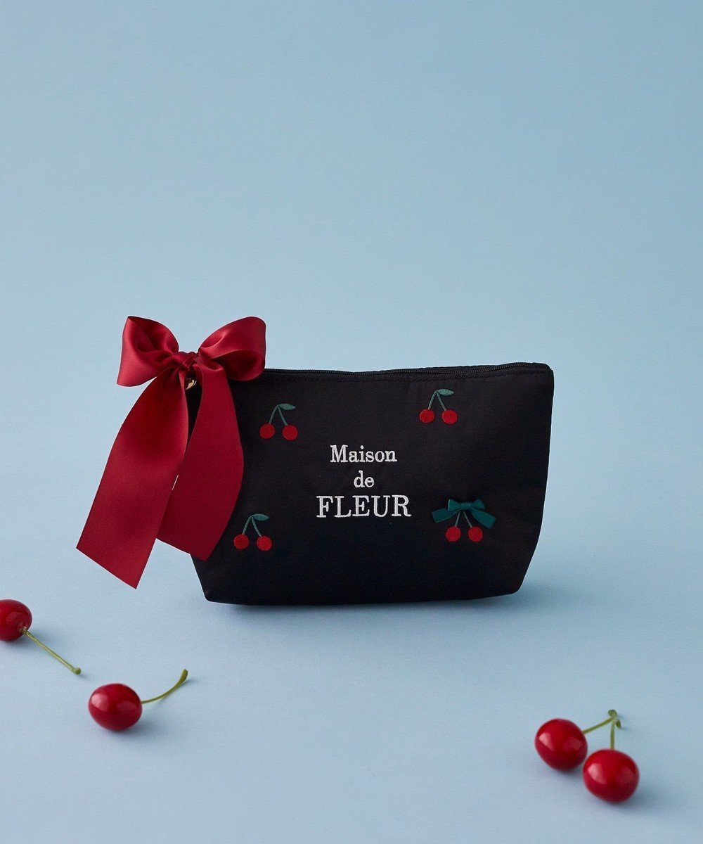 【メゾンドフルール/Maison de FLEUR】のチェリー刺繍ポーチ インテリア・キッズ・メンズ・レディースファッション・服の通販 founy(ファニー) 　ファッション　Fashion　レディースファッション　Fashion for Women　ミニ財布・二つ折り財布　Wallets & Card Cases　ポーチ&ミニバッグ　Pouches & Mini Bags　コンパクト　Compact, Small Size　サテン　Satin, Glossy Fabric　チェリー　Cherry, Cherry Pattern　フォルム　Silhouette, Form　ポーチ　Pouch, Small Case　リボン　Ribbon, Bow　エレガント 上品　Elegant　財布　Wallet, Purse　Black|ID: prp329100004505167 ipo3291000000032740979