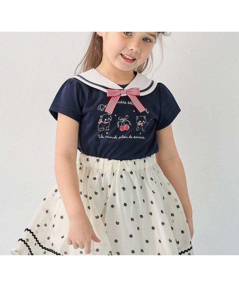 【エニファム/any FAM / KIDS】のセーラーカラー Tシャツ インテリア・キッズ・メンズ・レディースファッション・服の通販 founy(ファニー) 　ファッション　Fashion　キッズファッション　KIDS Children’s Clothing　トップス・カットソー　Tops/Tees/Kids　カットソー　Cut And Sew　シンプル　Simple　ネコ　Cat　フロント　Front　プリント　Print　ポケット　Pocket　リボン　Ribbon　半袖　Short Sleeve　夏　Summer　春　Spring　S/S・春夏　Ss・Spring/Summer　ネイビー|ID: prp329100004506170 ipo3291000000032633268