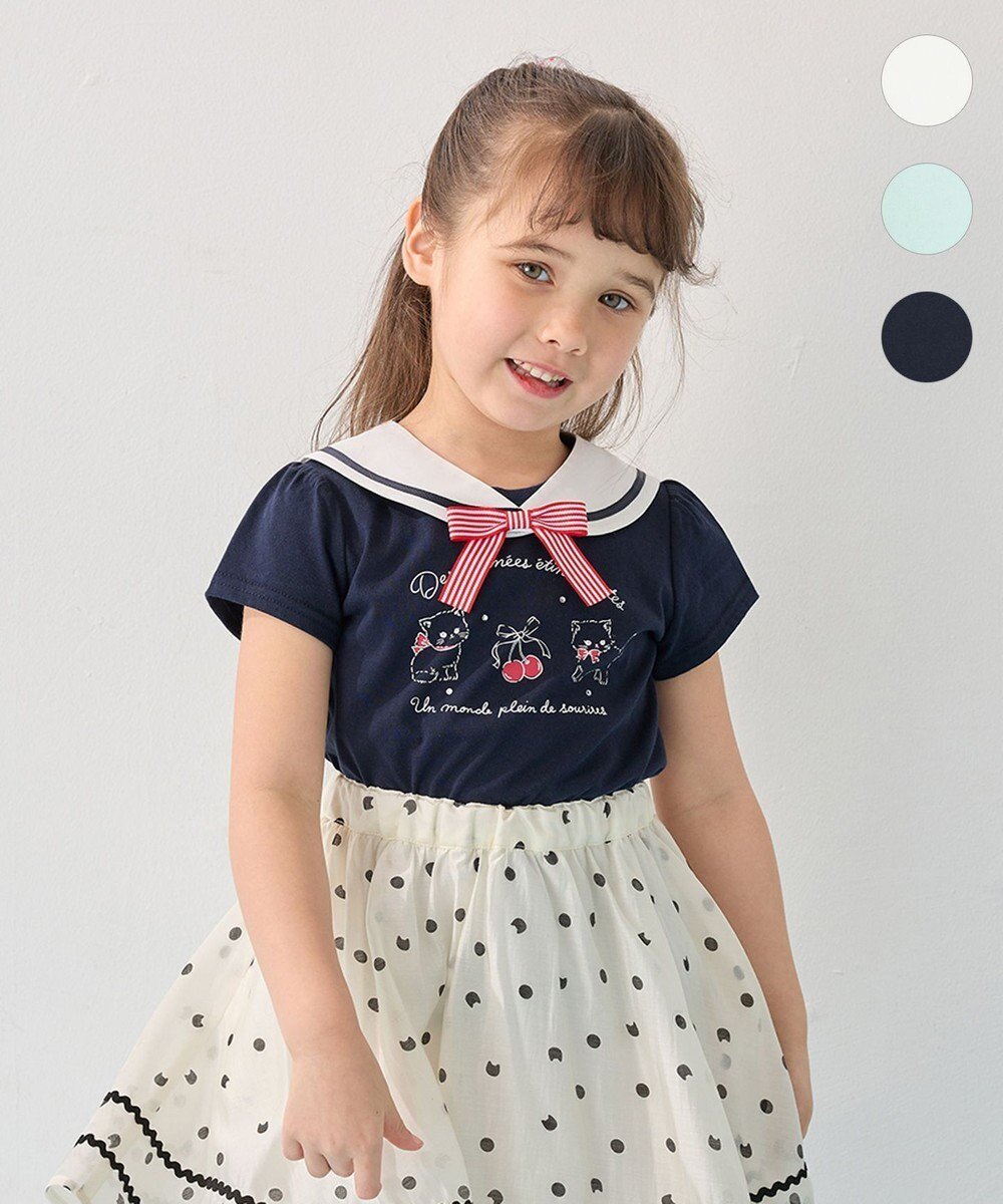 【エニィ/ANY / KIDS】のセーラーカラー Tシャツ インテリア・キッズ・メンズ・レディースファッション・服の通販 founy(ファニー) 　ファッション　Fashion　キッズファッション　Fashion for Kids　トップス・カットソー　Cut & Sew Tops　カットソー　Cut and Sewn Top　シンプル　Simple, Minimal　ネコ　Cat, Feline Motif　フロント　Front, Front Design　プリント　Print, Printed Pattern　ポケット　Pocket, Pocket Detail　リボン　Ribbon, Bow　半袖　Short Sleeve, Half Sleeve　夏　Summer　春　Spring　S/S・春夏　SS, Spring/Summer, Warm Season　ネイビー|ID: prp329100004506170 ipo3291000000034354854