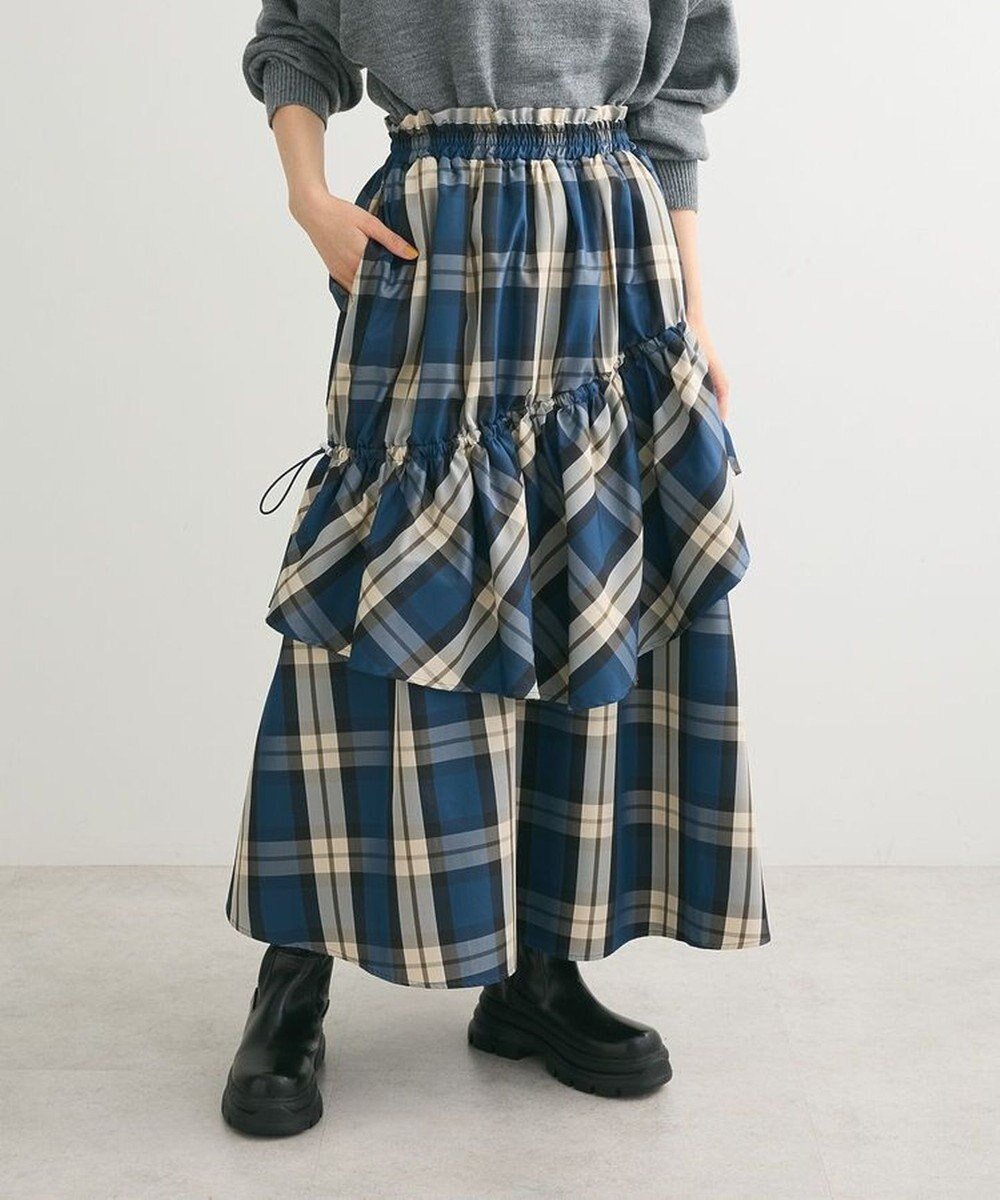 【グリーンパークス/Green Parks】の・SUGARSPOONチェックドロストティアードスカー インテリア・キッズ・メンズ・レディースファッション・服の通販 founy(ファニー) 　ファッション　Fashion　レディースファッション　Fashion for Women　スカート　Skirts　イレギュラー　Irregular Design　タフタ　Taffeta, Structured Fabric　チェック　Check, Plaid, Tartan　フェミニン　Feminine, Girly　フォルム　Silhouette, Form　ポケット　Pocket, Pocket Detail　A/W・秋冬　Autumn/Winter　Blue|ID: prp329100004506542 ipo3291000000033678370