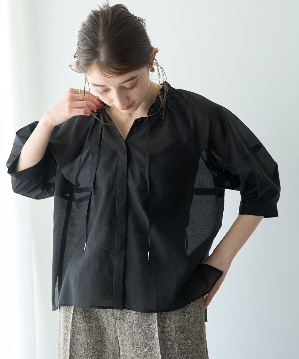 【イェッカ ヴェッカ/YECCA VECCA】の【尾崎紗代子さん着用】バルーンスリーブシアーシャツ インテリア・キッズ・メンズ・レディースファッション・服の通販 founy(ファニー) 　ファッション　Fashion　レディースファッション　WOMEN　トップス・カットソー　Tops/Tshirt　シャツ/ブラウス　Shirts/Blouses　おすすめ　Recommend　シアー　Sheer　スリーブ　Sleeve　バルーン　Balloon　パターン　Pattern　フォルム　Form　フリル　Frills　ポケット　Pocket　リボン　Ribbon　夏　Summer　春　Spring　S/S・春夏　Ss・Spring/Summer　羽織　Haori　Black|ID: prp329100004506826 ipo3291000000032343032