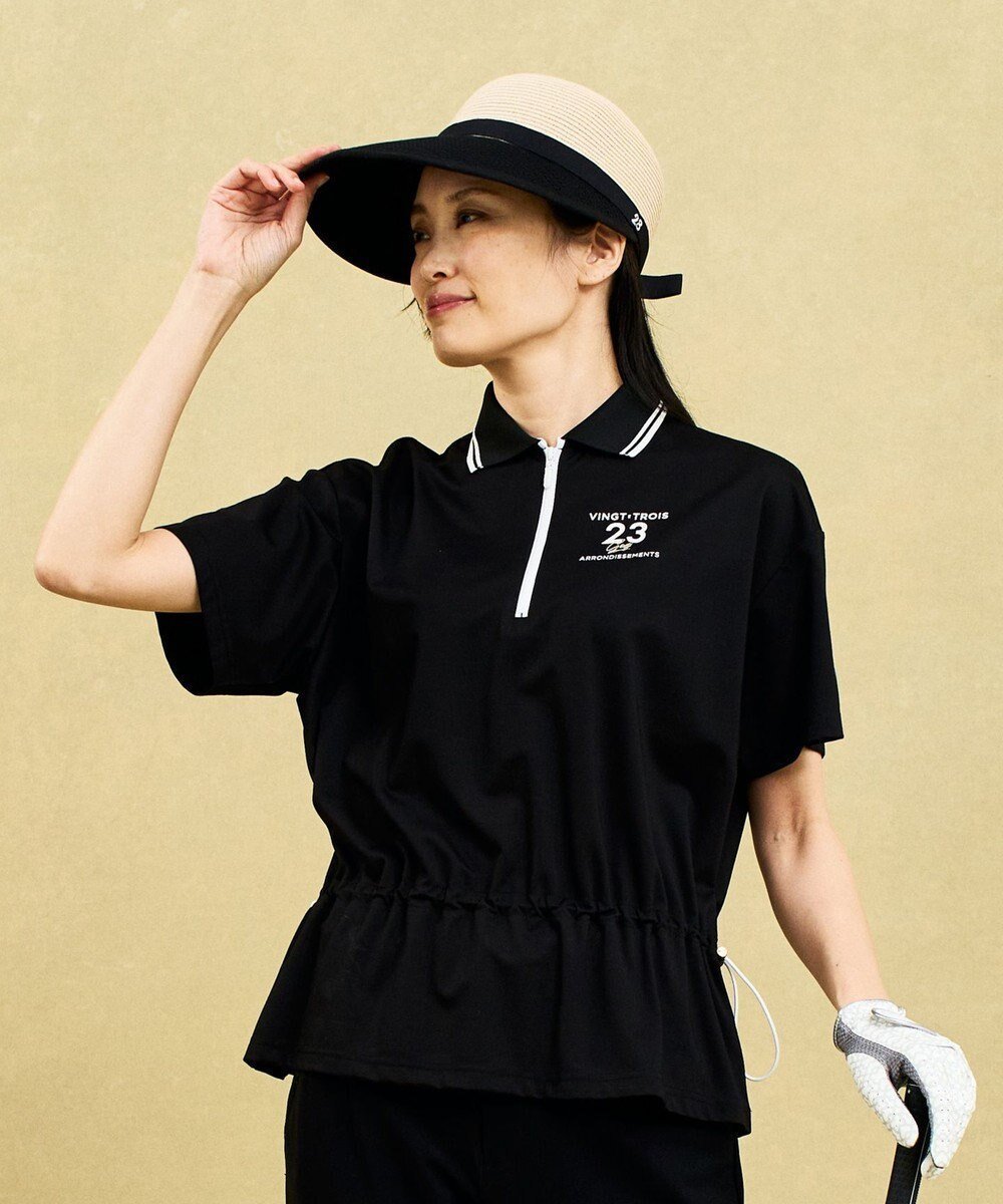 【23区 ゴルフ/NIJYUSANKU GOLF】の【辻梨恵プロ着用】ウェストドローコードポロ ストレッチ UVケア スムース素材 インテリア・キッズ・メンズ・レディースファッション・服の通販 founy(ファニー) 　ファッション　Fashion　レディースファッション　WOMEN　トップス・カットソー　Tops/Tshirt　シャツ/ブラウス　Shirts/Blouses　ロング / Tシャツ　T-Shirts　カットソー　Cut and Sewn　春　Spring　カットソー　Cut And Sew　ストレッチ　Stretch　スポーティ　Sporty　トレンド　Trend　なめらか　Smooth　フロント　Front　プリント　Print　ポロシャツ　Polo Shirt　S/S・春夏　Ss・Spring/Summer　夏　Summer　エレガント 上品　Elegant　ブラック系|ID: prp329100004508552 ipo3291000000031828095