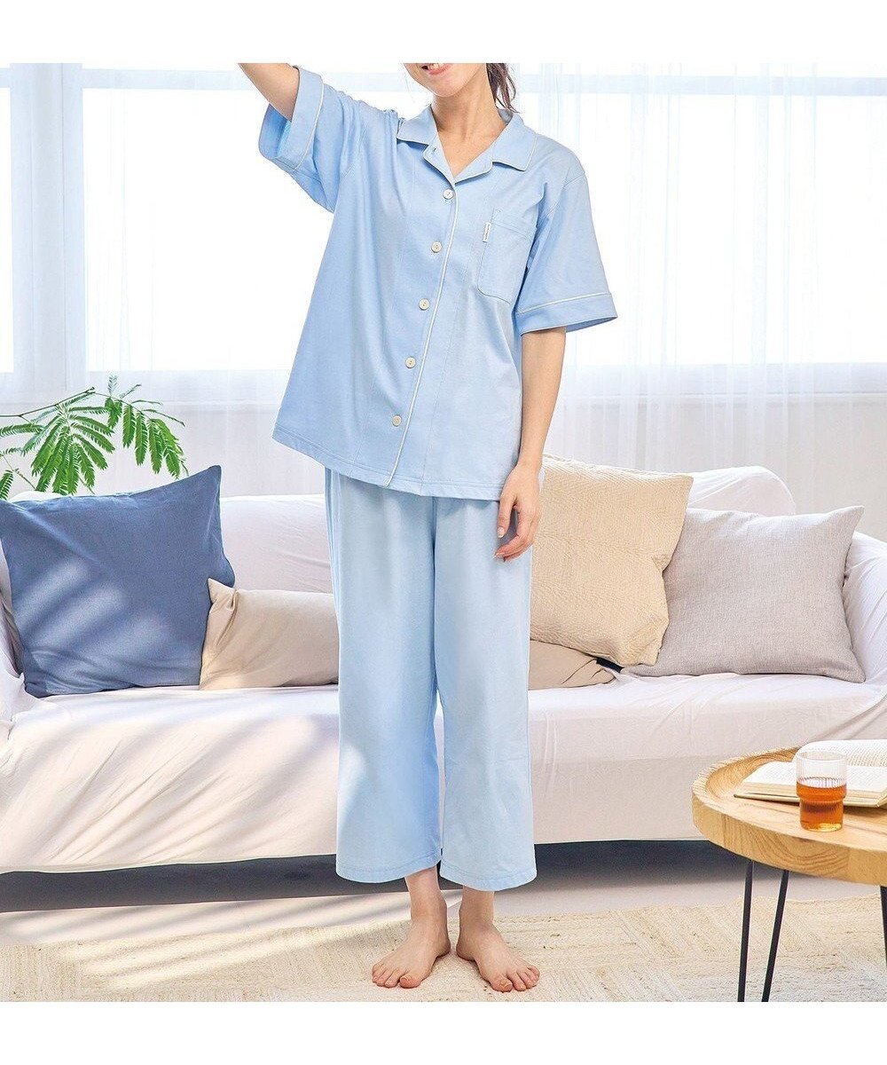 【ワコール 睡眠科学/wacoal suimin】のパジャマ 5分袖 半袖 8分丈 綿100%(本体) 天竺素材 レディース YDT150 睡眠科学/ワコール インテリア・キッズ・メンズ・レディースファッション・服の通販 founy(ファニー) 　ファッション　Fashion　レディースファッション　WOMEN　トップス・カットソー　Tops/Tshirt　なめらか　Smooth　パジャマ　Pajamas　ボトム　Bottom　半袖　Short Sleeve　サックス|ID: prp329100004514194 ipo3291000000031893623