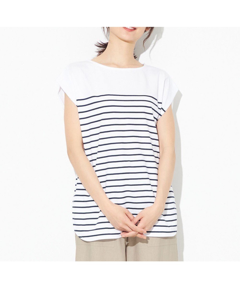 【エニィファム/any FAM】の【接触冷感・UVケア】TCオーガビッツボーダー Tシャツ インテリア・キッズ・メンズ・レディースファッション・服の通販 founy(ファニー) 　ファッション　Fashion　レディースファッション　WOMEN　トップス・カットソー　Tops/Tshirt　シャツ/ブラウス　Shirts/Blouses　ロング / Tシャツ　T-Shirts　カットソー　Cut and Sewn　カットソー　Cut And Sew　スリーブ　Sleeve　フレンチ　French　ボーダー　Border　ローズ　Rose　夏　Summer　定番　Standard　春　Spring　S/S・春夏　Ss・Spring/Summer　オフ×ネイビー|ID: prp329100004514637 ipo3291000000031896388