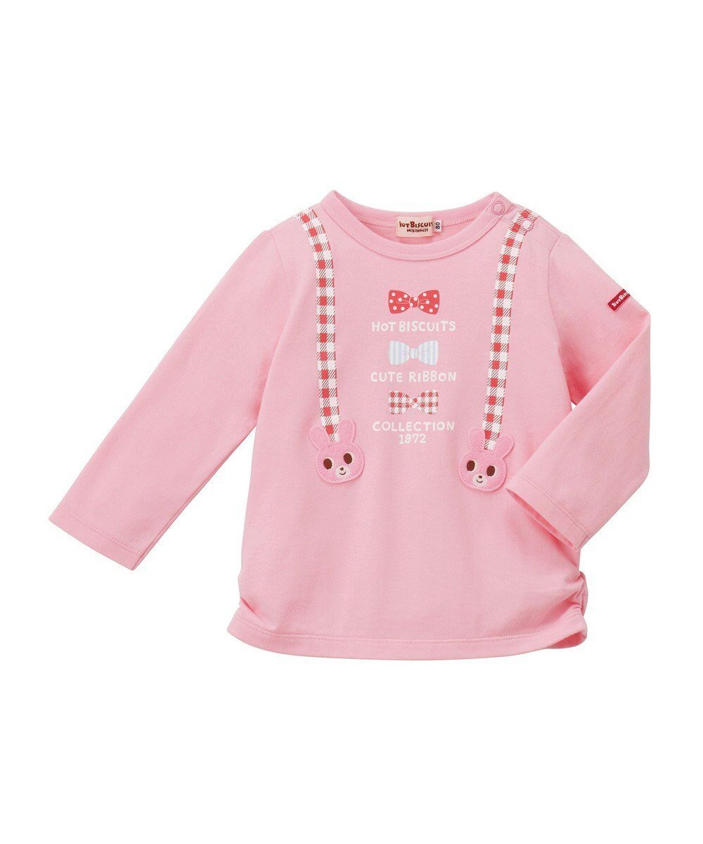 【ミキハウスホットビスケッツ/MIKI HOUSE HOT BISCUITS / KIDS】の【70-120cm】 サスペンダープリント長袖Tシャツ インテリア・キッズ・メンズ・レディースファッション・服の通販 founy(ファニー) 　ファッション　Fashion　キッズファッション　KIDS　トップス・カットソー　Tops/Tees/Kids　カットソー　Cut And Sew　サスペンダー　Suspenders　プリント　Print　モチーフ　Motif　リボン　Ribbon　夏　Summer　S/S・春夏　Ss・Spring/Summer　A/W・秋冬　Aw・Autumn/Winter・Fw・Fall-Winter　長袖　Long Sleeve　ピンク|ID: prp329100004519685 ipo3291000000031950580