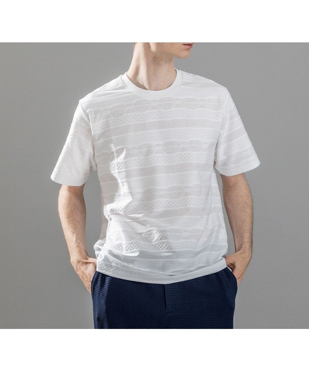 【ジョゼフ オム/JOSEPH HOMME / MEN】の新柄【ストレッチ/洗える】ジャガードボーダー クルーネックTシャツ インテリア・キッズ・メンズ・レディースファッション・服の通販 founy(ファニー) 　ファッション　Fashion　メンズファッション　Fashion for Men　トップス・カットソー　Cut & Sew Tops　メンズシャツ　Shirts　カットソー　Cut and Sewn Top　ストレッチ　Stretch, Stretchy Fabric　テクスチャー　Texture, Textured Fabric　ブロッキング　Color Blocking, Panel Design　ボーダー　Border, Stripe　夏　Summer　春　Spring　S/S・春夏　SS, Spring/Summer, Warm Season　洗える　Machine Washable　ホワイト系|ID: prp329100004519717 ipo3291000000034515313