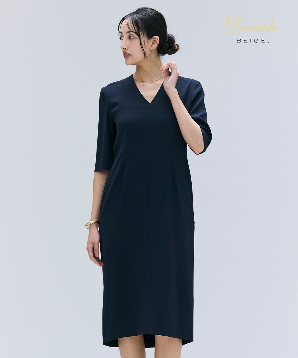 【ベイジ,/BEIGE,】の【洗える】CINDY / Vネックハーフスリーブワンピース インテリア・キッズ・メンズ・レディースファッション・服の通販 founy(ファニー) 　ファッション　Fashion　レディースファッション　WOMEN　ワンピース　Dress　ウォッシャブル　Washable　オケージョン　Occasion　洗える　Washable　サテン　Satin　シェイプ　Shape　ジャケット　Jacket　ストレッチ　Stretch　スーツ　Suit　セットアップ　Set Up　ドレス　Dress　人気　Popularity　A/W・秋冬　Aw・Autumn/Winter・Fw・Fall-Winter　S/S・春夏　Ss・Spring/Summer　NEW・新作・新着・新入荷　New Arrivals　おすすめ　Recommend　夏　Summer　セレモニー　Ceremony　ビジネス 仕事 通勤　Business　Navy x Black|ID: prp329100004519780 ipo3291000000031951813