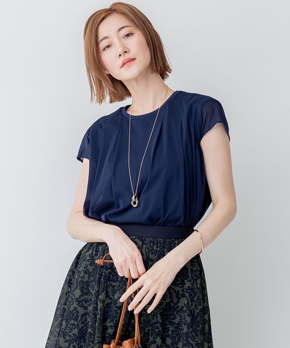 【23区/NIJYUSANKU】の【洗える】チュールコンビジャージー シアー カットソー インテリア・キッズ・メンズ・レディースファッション・服の通販 founy(ファニー) 　ファッション　Fashion　レディースファッション　Fashion for Women　トップス・カットソー　Cut & Sew Tops　シャツ・ブラウス・オフィスカジュアル　Elegant Blouses & Button-Ups　ロングTシャツ・Tシャツ　Longline T-Shirts & Tees　カットソー・ベーシックTシャツ　Cut-and-Sewn Tops / Stretch Tees & Basics　エアリー　Airy Texture　春　Spring　洗える　Machine Washable　カットソー　Cut and Sewn Top　シアー　Sheer, See-Through　ストレッチ　Stretch, Stretchy Fabric　チュール　Tulip, Tulip Motif　S/S・春夏　SS, Spring/Summer, Warm Season　再入荷　Restock / Back in Stock　夏　Summer　2023春夏・S/S　Spring/Summer 2023 SS23　2023年　2023　エレガント 上品　Elegant　ネイビー系|ID: prp329100004520864 ipo3291000000033006864