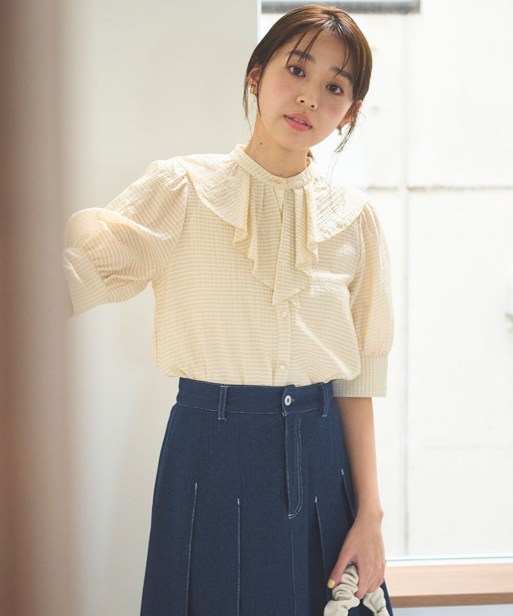 【フェルゥ/Feroux】の【洗える】ラッフルフリル ブラウス インテリア・キッズ・メンズ・レディースファッション・服の通販 founy(ファニー) 　ファッション　Fashion　レディースファッション　WOMEN　トップス・カットソー　Tops/Tshirt　シャツ/ブラウス　Shirts/Blouses　おすすめ　Recommend　エレガント 上品　Elegant　キャミソール　Camisole　ギンガム　Gingham　タンク　Tank　チェック　Check　デニム　Denim　ボトム　Bottom　ラッフル　Raffle　夏　Summer　春　Spring　S/S・春夏　Ss・Spring/Summer　洗える　Washable　ベージュ系|ID: prp329100004521722 ipo3291000000031980894