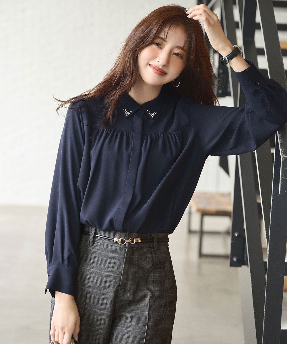 【エニィ スィス/any SiS】の【洗える】ビジュー ブラウス インテリア・キッズ・メンズ・レディースファッション・服の通販 founy(ファニー) 　ファッション　Fashion　レディースファッション　WOMEN　トップス・カットソー　Tops/Tshirt　シャツ/ブラウス　Shirts/Blouses　おすすめ　Recommend　アクセサリー　Accessories　ジョーゼット　Georgette　トレンド　Trend　ビジュー　Bijou　再入荷　Restock/Back In Stock/Re Arrival　洗える　Washable　A/W・秋冬　Aw・Autumn/Winter・Fw・Fall-Winter　ネイビー|ID: prp329100004522457 ipo3291000000031989909