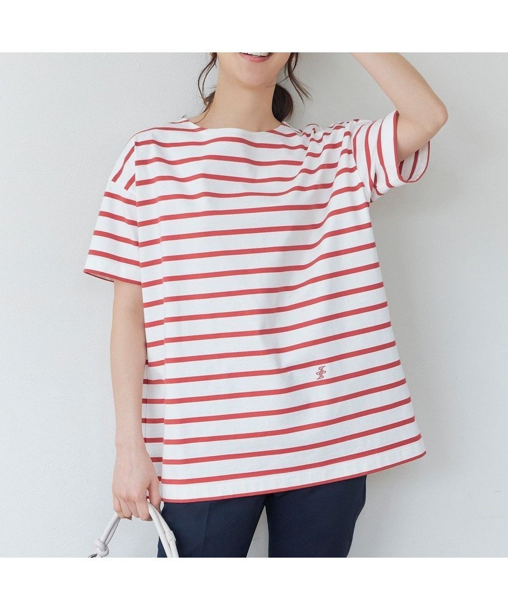 【自由区/JIYU-KU】の【洗える】ボーダーワイドBIG Tシャツ インテリア・キッズ・メンズ・レディースファッション・服の通販 founy(ファニー) 　ファッション　Fashion　レディースファッション　WOMEN　トップス・カットソー　Tops/Tshirt　シャツ/ブラウス　Shirts/Blouses　ロング / Tシャツ　T-Shirts　カットソー　Cut and Sewn　カットソー　Cut And Sew　シンプル　Simple　ドロップ　Drop　ボーダー　Border　リラックス　Relax　ワイド　Wide　再入荷　Restock/Back In Stock/Re Arrival　夏　Summer　春　Spring　S/S・春夏　Ss・Spring/Summer　洗える　Washable　オフ×レッド|ID: prp329100004522720 ipo3291000000031992269