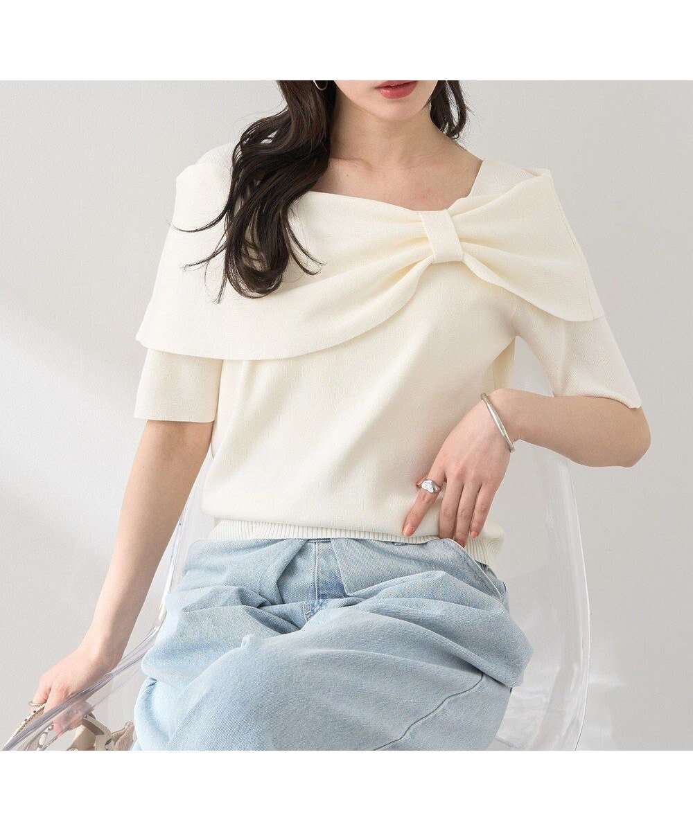 【アースミュージックアンドエコロジー/earth music&ecology】のリボン半袖ニットプルオーバー 人気、トレンドファッション・服の通販 founy(ファニー) 　ファッション　Fashion　レディースファッション　WOMEN　トップス・カットソー　Tops/Tshirt　ニット　Knit Tops　プルオーバー　Pullover　NEW・新作・新着・新入荷　New Arrivals　おすすめ　Recommend　コンパクト　Compact　セーター　Sweater　デニム　Denim　バランス　Balance　フェミニン　Feminine　フォルム　Form　ボトム　Bottom　ポケット　Pocket　リボン　Ribbon　ワイド　Wide　エレガント 上品　Elegant　半袖　Short Sleeve　夏　Summer　春　Spring　S/S・春夏　Ss・Spring/Summer　 other-1|ID: prp329100004522825 ipo3291000000031992945