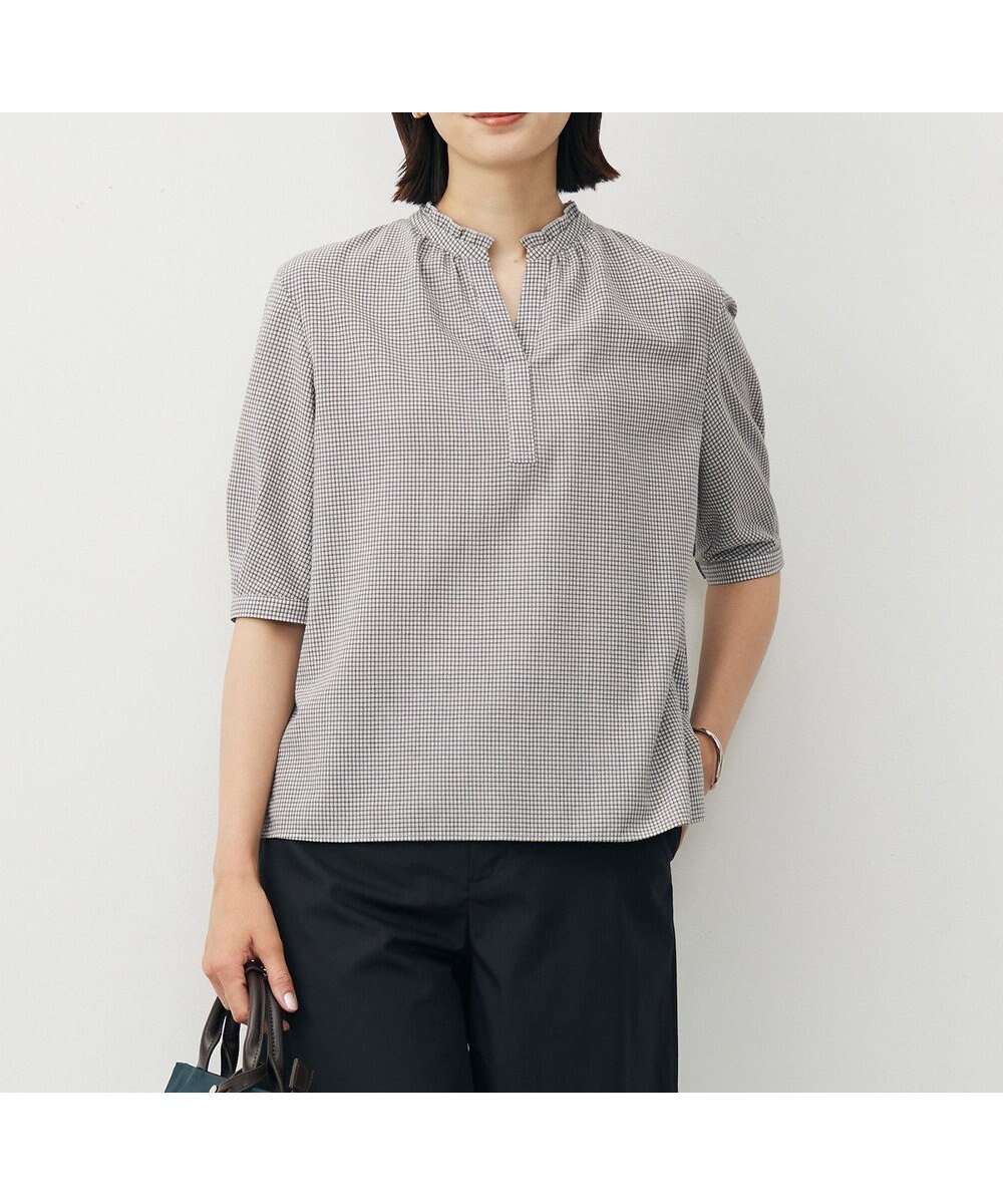 【ジェイ プレス/J.PRESS】の【洗える】SHEER ギンガム スキッパー ブラウス インテリア・キッズ・メンズ・レディースファッション・服の通販 founy(ファニー) 　ファッション　Fashion　レディースファッション　Fashion for Women　トップス・カットソー　Cut & Sew Tops　シャツ・ブラウス・オフィスカジュアル　Elegant Blouses & Button-Ups　カーディガン　Cardigan, Knitwear　ギャザー　Gathered, Ruffled　ギンガム　Gingham, Gingham Fabric　スキッパー　Skipper, Open Collar　チェック　Check, Plaid, Tartan　フリル　Frill, Ruffle　エレガント 上品　Elegant　夏　Summer　春　Spring　S/S・春夏　SS, Spring/Summer, Warm Season　洗える　Machine Washable　秋　Autumn　オフ×ブラック系|ID: prp329100004522840 ipo3291000000032511381