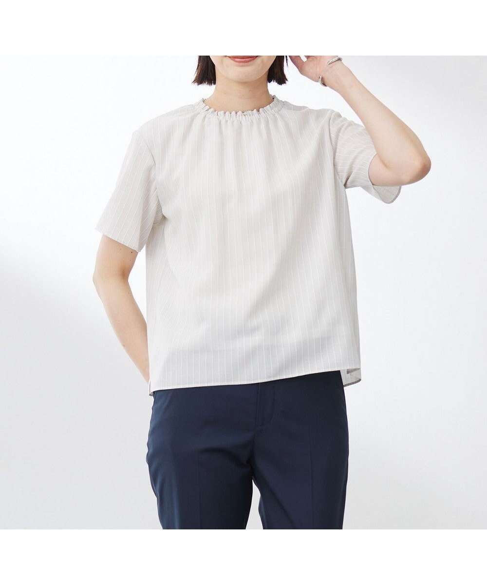 【ジェイ プレス/J.PRESS】の【洗える】シアーストライプ&チェック ブラウスライク カットソー インテリア・キッズ・メンズ・レディースファッション・服の通販 founy(ファニー) 　ファッション　Fashion　レディースファッション　Fashion for Women　トップス・カットソー　Cut & Sew Tops　シャツ・ブラウス・オフィスカジュアル　Elegant Blouses & Button-Ups　ロングTシャツ・Tシャツ　Longline T-Shirts & Tees　カットソー・ベーシックTシャツ　Cut-and-Sewn Tops / Stretch Tees & Basics　春　Spring　洗える　Machine Washable　カットソー　Cut and Sewn Top　ストライプ　Stripe, Striped Pattern　チェック　Check, Plaid, Tartan　なめらか　Smooth, Silky Texture　フリル　Frill, Ruffle　フレア　Flare, Flared　S/S・春夏　SS, Spring/Summer, Warm Season　夏　Summer　エレガント 上品　Elegant　グレージュストライプ系|ID: prp329100004522921 ipo3291000000033572250