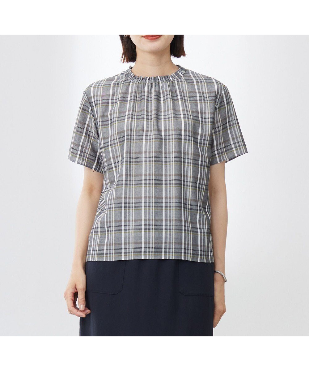 【ジェイ プレス/J.PRESS】の【洗える】シアーストライプ&チェック ブラウスライク カットソー インテリア・キッズ・メンズ・レディースファッション・服の通販 founy(ファニー) 　ファッション　Fashion　レディースファッション　Fashion for Women　トップス・カットソー　Cut & Sew Tops　シャツ・ブラウス・オフィスカジュアル　Elegant Blouses & Button-Ups　ロングTシャツ・Tシャツ　Longline T-Shirts & Tees　カットソー・ベーシックTシャツ　Cut-and-Sewn Tops / Stretch Tees & Basics　春　Spring　洗える　Machine Washable　カットソー　Cut and Sewn Top　ストライプ　Stripe, Striped Pattern　チェック　Check, Plaid, Tartan　なめらか　Smooth, Silky Texture　フリル　Frill, Ruffle　フレア　Flare, Flared　S/S・春夏　SS, Spring/Summer, Warm Season　夏　Summer　エレガント 上品　Elegant　グレーチェック系|ID: prp329100004522921 ipo3291000000033572251