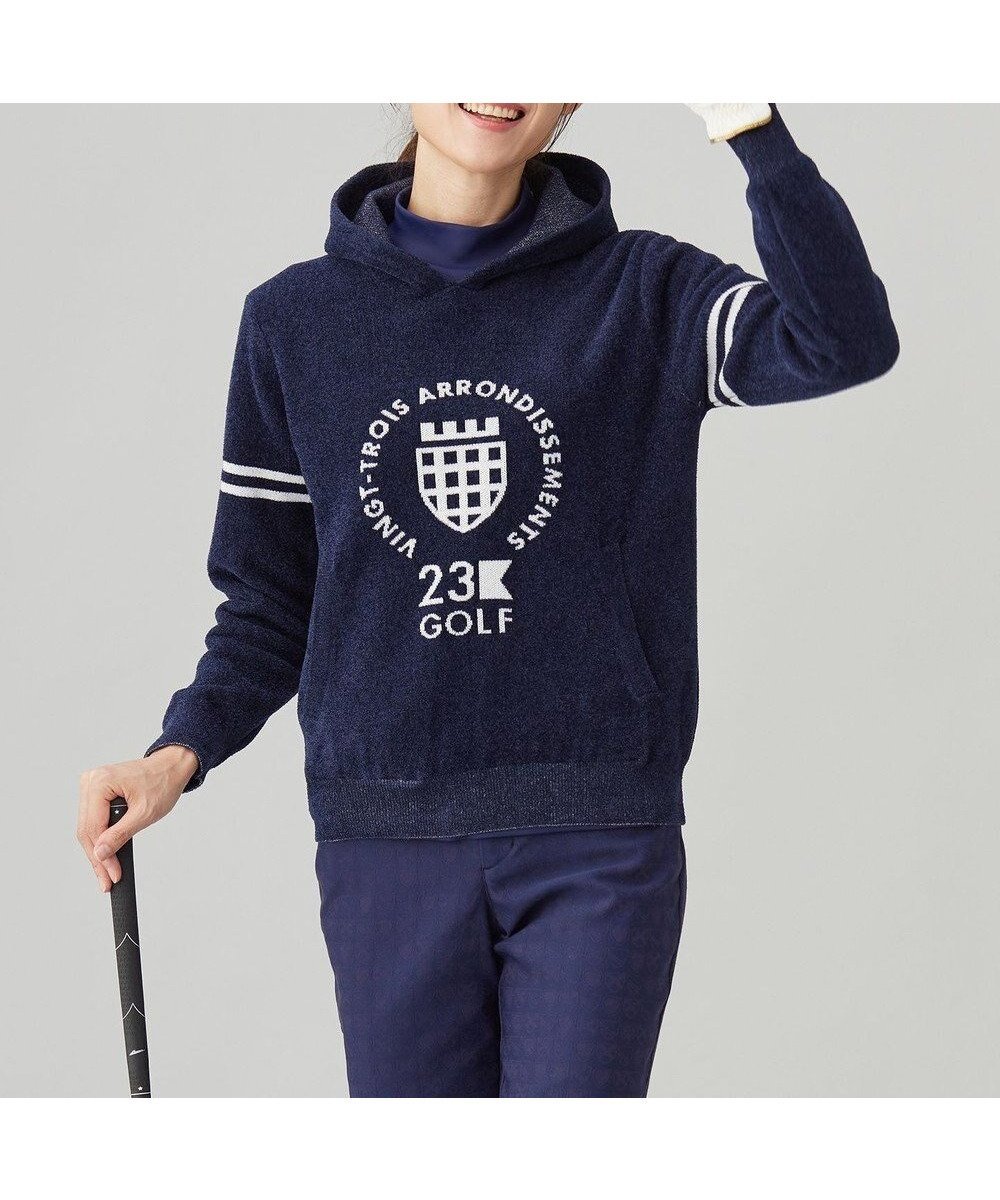 【23区 ゴルフ/NIJYUSANKU GOLF】の【WOMEN】【ストレッチ性】フロントロゴ フーディー 日常使いにぴったりな軽やかな1着 インテリア・キッズ・メンズ・レディースファッション・服の通販 founy(ファニー) 　ファッション　Fashion　レディースファッション　WOMEN　トップス・カットソー　Tops/Tshirt　ニット　Knit Tops　インナー　Inner　ゴルフ　Golf　ストレッチ　Stretch　セーター　Sweater　フロント　Front　ポロシャツ　Polo Shirt　モチーフ　Motif　モックネック　Mock Neck　A/W・秋冬　Aw・Autumn/Winter・Fw・Fall-Winter　ネイビー系|ID: prp329100004524020 ipo3291000000032001620