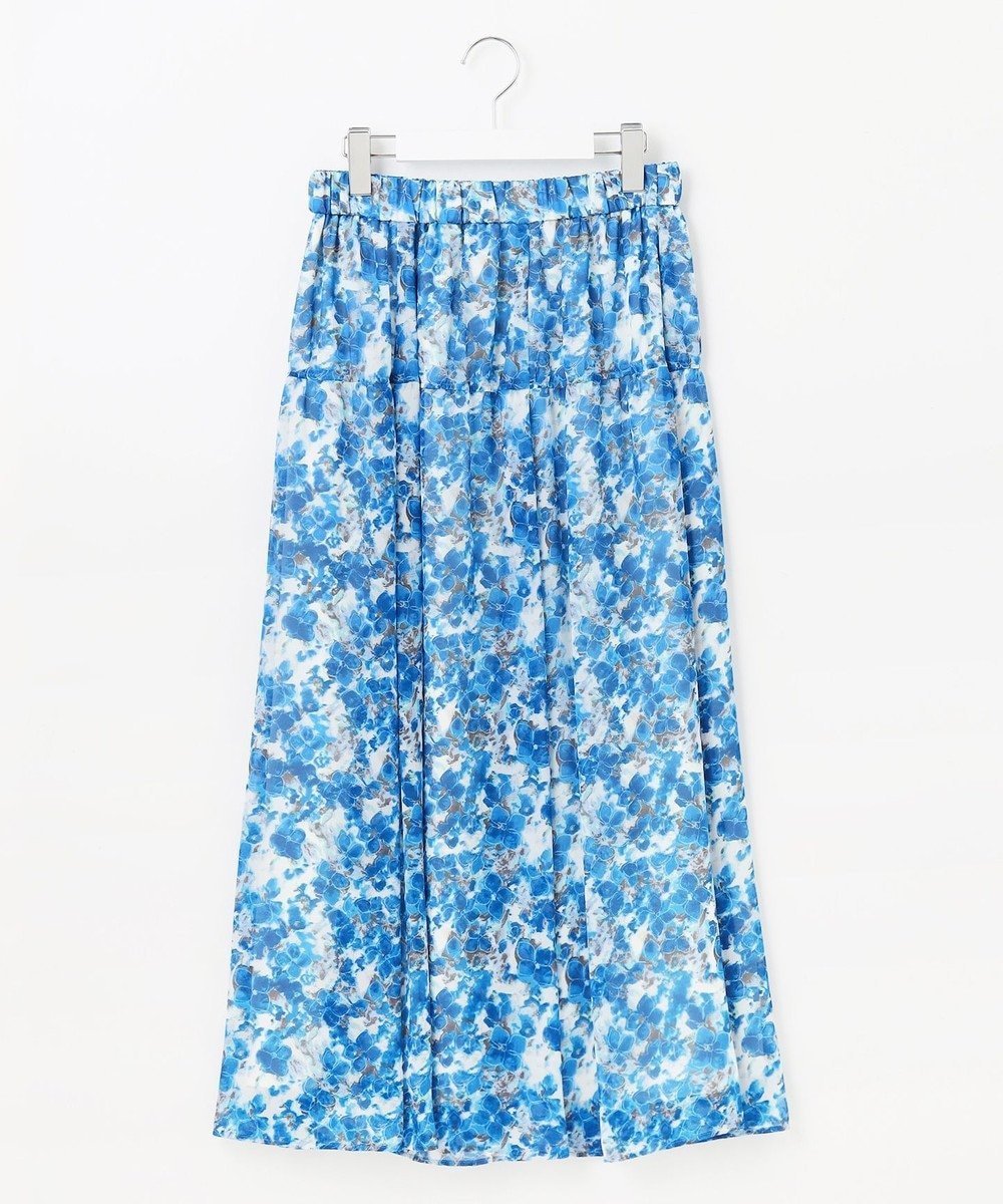 【自由区/JIYU-KU】の【ウエストゴム・洗える】オルタンシアフルールプリント スカート インテリア・キッズ・メンズ・レディースファッション・服の通販 founy(ファニー) 　ファッション　Fashion　レディースファッション　Fashion for Women　スカート　Skirts　春　Spring　洗える　Machine Washable　ギャザー　Gathered, Ruffled　傘　Umbrella, Parasol　切替　Switching, Contrast Panel　シフォン　Chiffon, Lightweight Fabric　シルク　Silk, 100% Silk　プリント　Print, Printed Pattern　モチーフ　Motif, Design Theme　無地　Plain, Solid Color　S/S・春夏　SS, Spring/Summer, Warm Season　夏　Summer　ブルー|ID: prp329100004524280 ipo3291000000034192354
