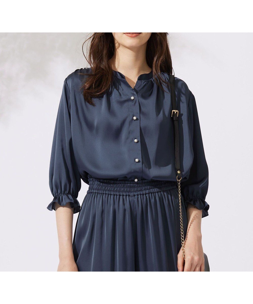 【自由区/JIYU-KU】の【カタログ掲載・WEB 一部店舗限定・セットアップ対応・洗える】セミブライトサテン ブラウス インテリア・キッズ・メンズ・レディースファッション・服の通販 founy(ファニー) 　ファッション　Fashion　レディースファッション　WOMEN　トップス・カットソー　Tops/Tshirt　シャツ/ブラウス　Shirts/Blouses　セットアップ　Setup　トップス　Tops　おすすめ　Recommend　ギャザー　Gather　サテン　Satin　シルク　Silk　セットアップ　Set Up　ドレープ　Drape　パール　Pearl　エレガント 上品　Elegant　夏　Summer　春　Spring　S/S・春夏　Ss・Spring/Summer　洗える　Washable　インク|ID: prp329100004524397 ipo3291000000032003051