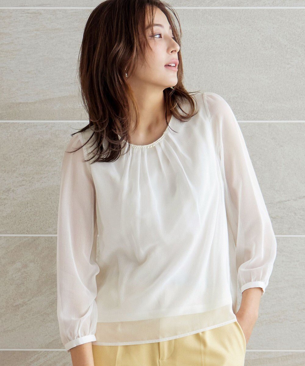 【ティアクラッセ/Tiaclasse】の【洗える】ドビーシフォンパールブラウス 人気、トレンドファッション・服の通販 founy(ファニー) 　ファッション　Fashion　レディースファッション　Ladies' Fashion Online　トップス・カットソー　Tops/Tshirt　シャツ/ブラウス　Shirts/Blouses　アクセサリー　Accessories　ウォッシャブル　Washable　春　Spring　洗える　Washable　秋　Autumn/Fall　シアー　Sheer　シフォン　Chiffon　シャドー　Shadow　シンプル　Simple　ストライプ　Stripe　長袖　Long Sleeve　パール　Pearl　フェミニン　Feminine　ポケット　Pocket　冬　Winter　S/S・春夏　Ss・Spring/Summer　おすすめ　Recommend　夏　Summer　エレガント 上品　Elegant　 other-1|ID: prp329100004524884 ipo3291000000032660522